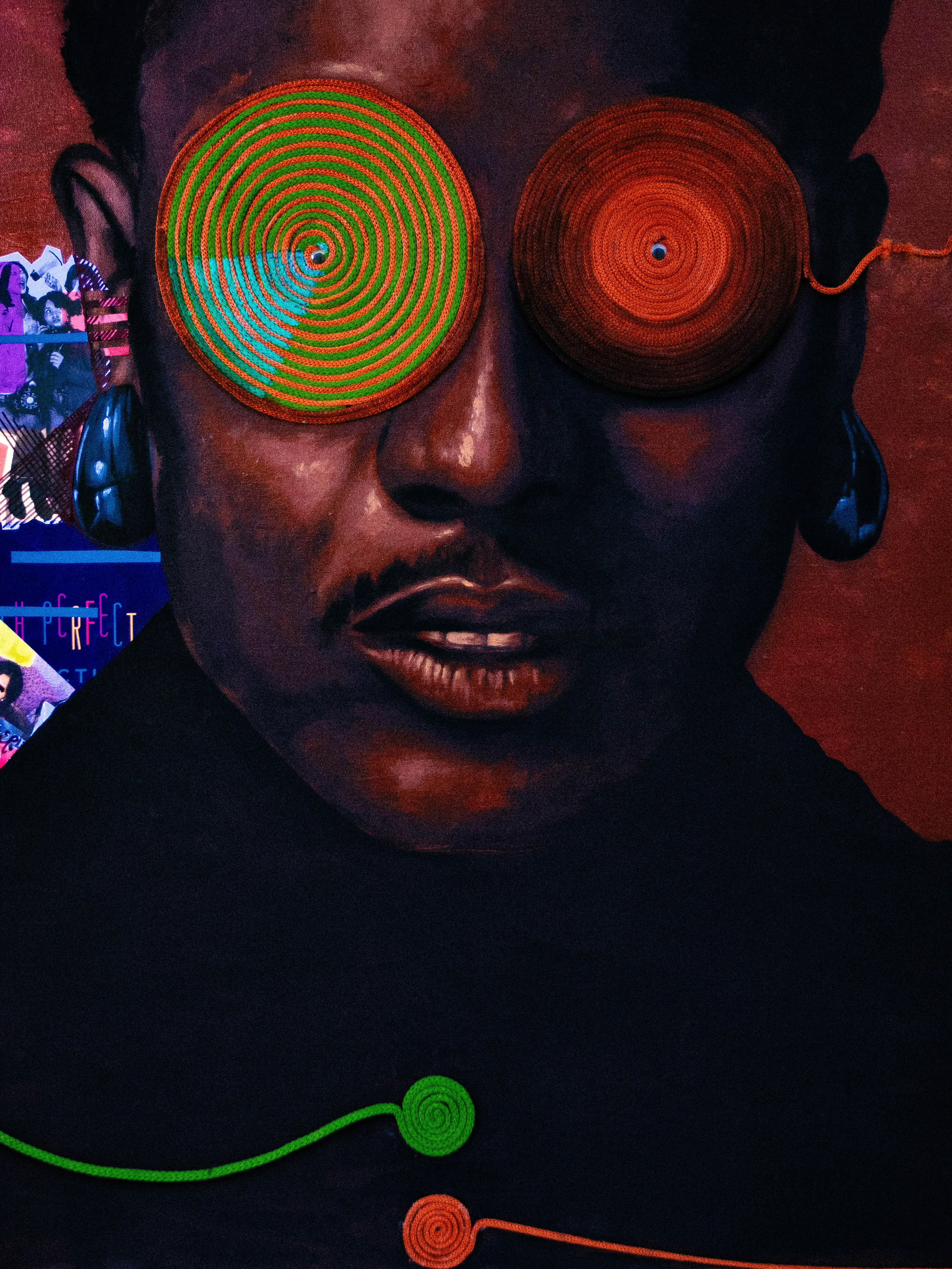 Spiralling; “As soon as possible ” 48" x 60" Acrylic paint, Yarn, Paper on canvas