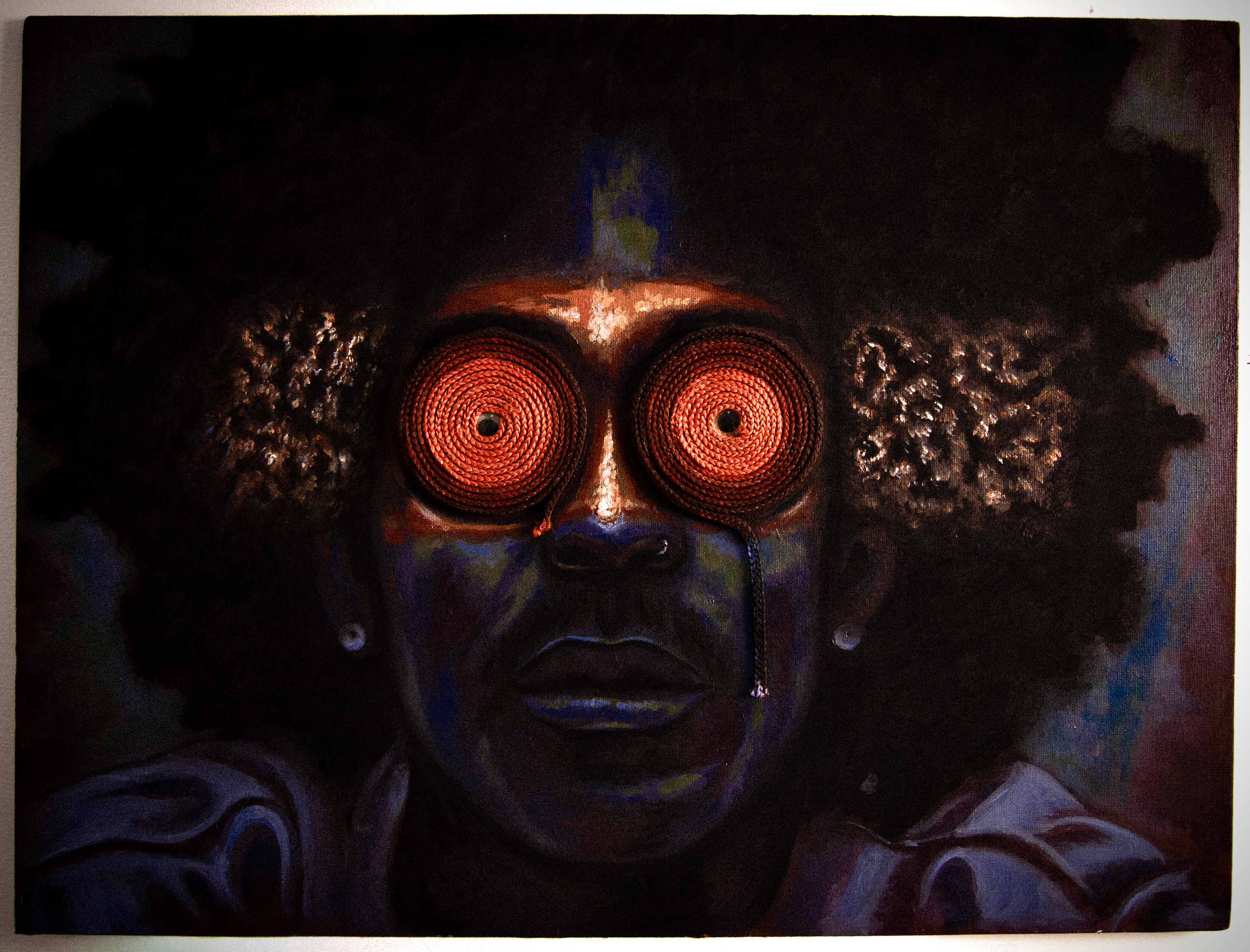 Spiralling; “just until tomorrow ” 2025 24" x 18" Acrylic paint, yarn on canvas