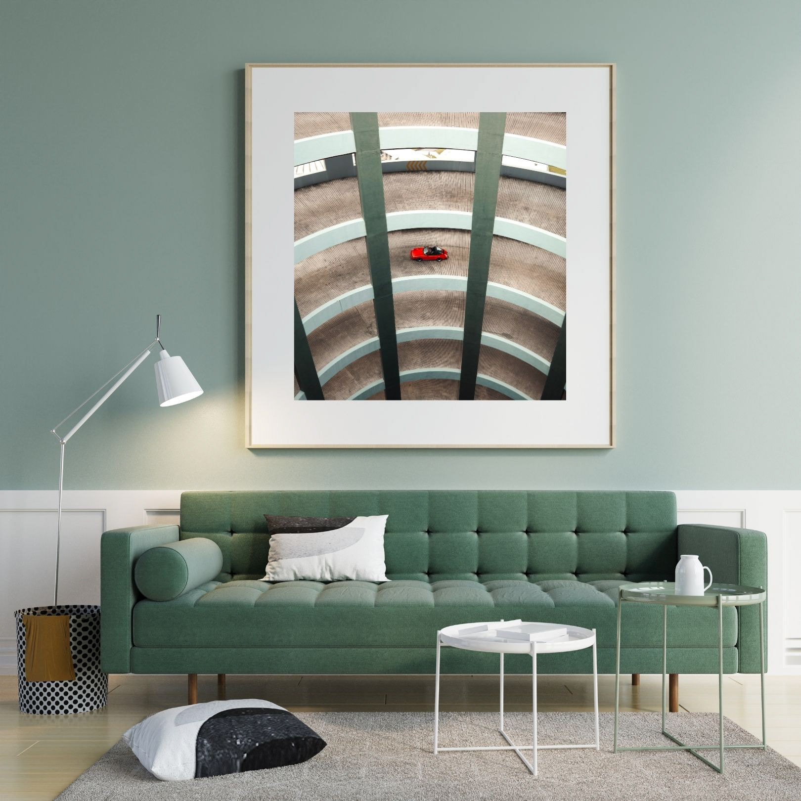 Print Mockup in soft-grünem Wohnzimmer