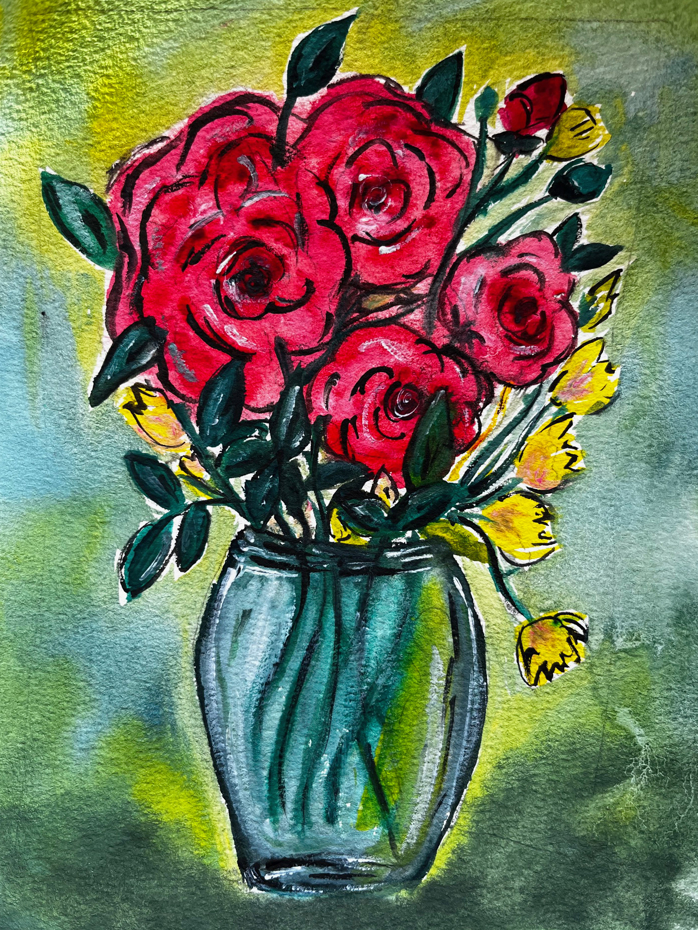 Available for Sale: flowers in glass vase - watercolor