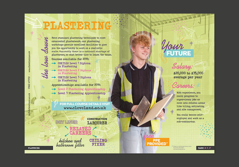 Inner pages of Redcar and Cleveland College 2018/19 Prospectus designed by Sharon Armstrong Creative