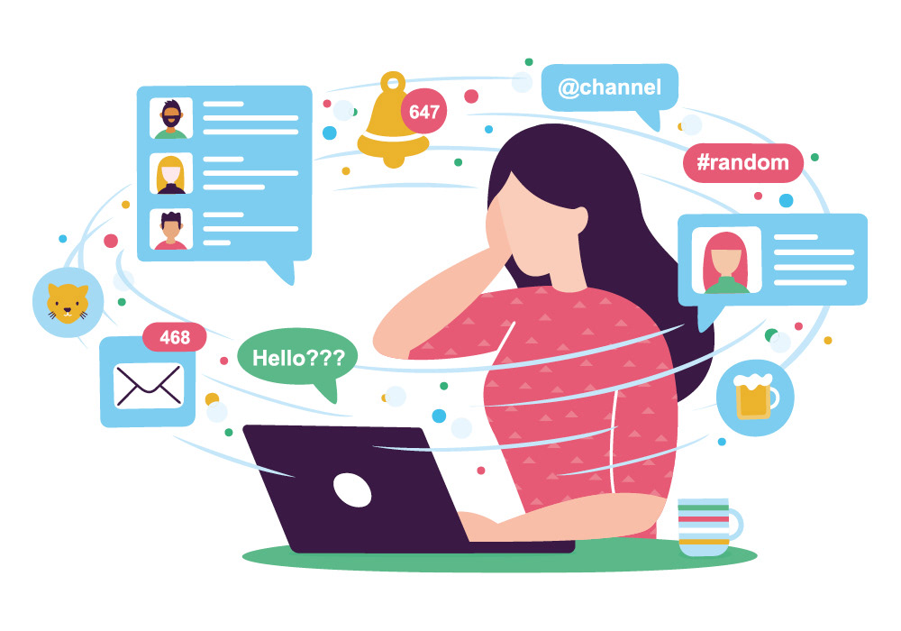 Illustration of a woman with lots of distractions swirling around her head. Created for Mr System by Sharon Armstrong Creative