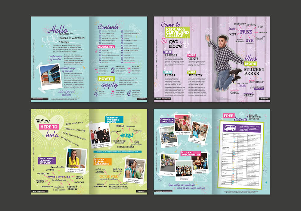 Inner pages of Redcar and Cleveland College 2018/19 Prospectus designed by Sharon Armstrong Creative