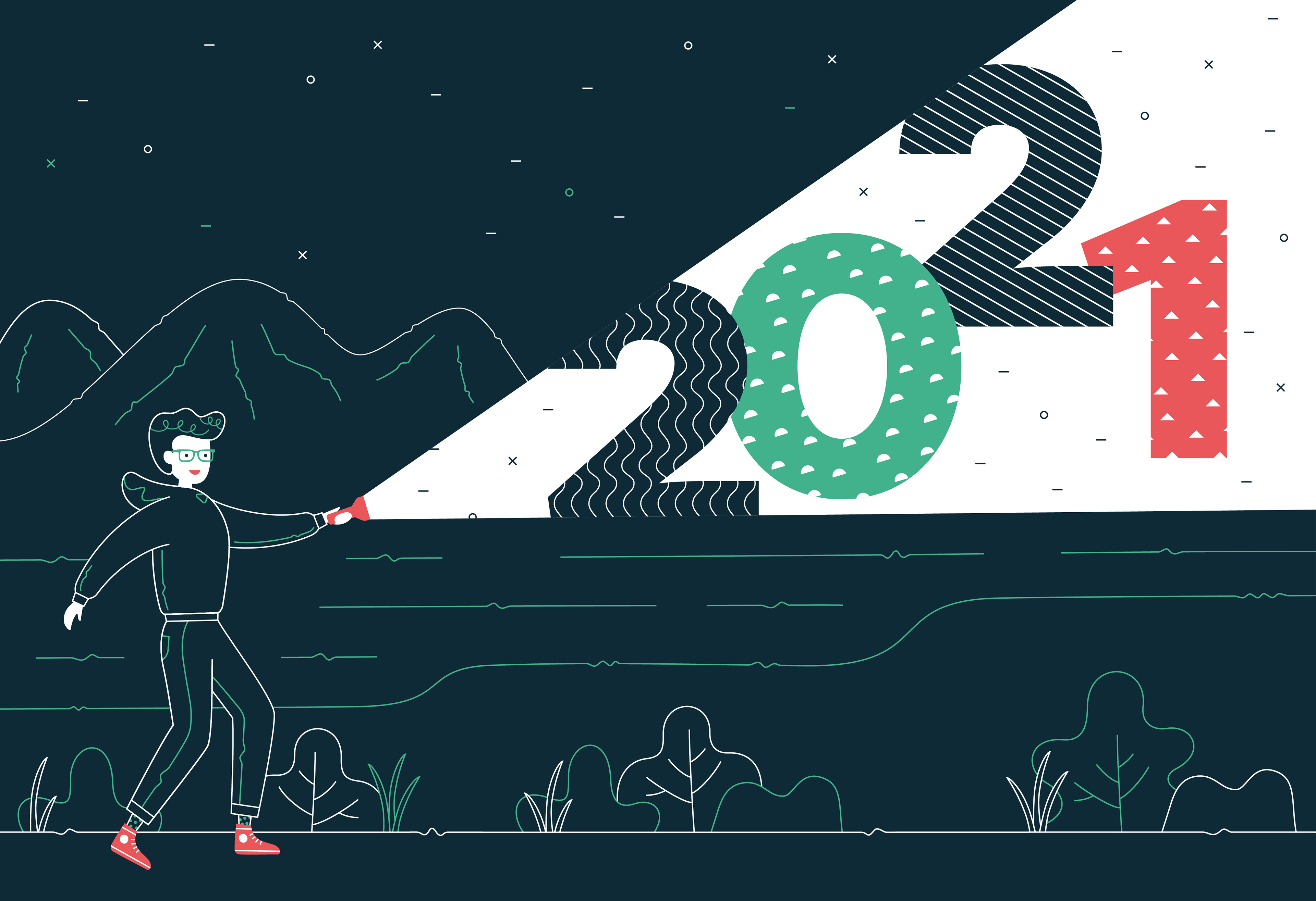 Illustration of a woman in the dark with a torch shining a light on the numbers 2021 - illustration by Sharon Armstrong Creative