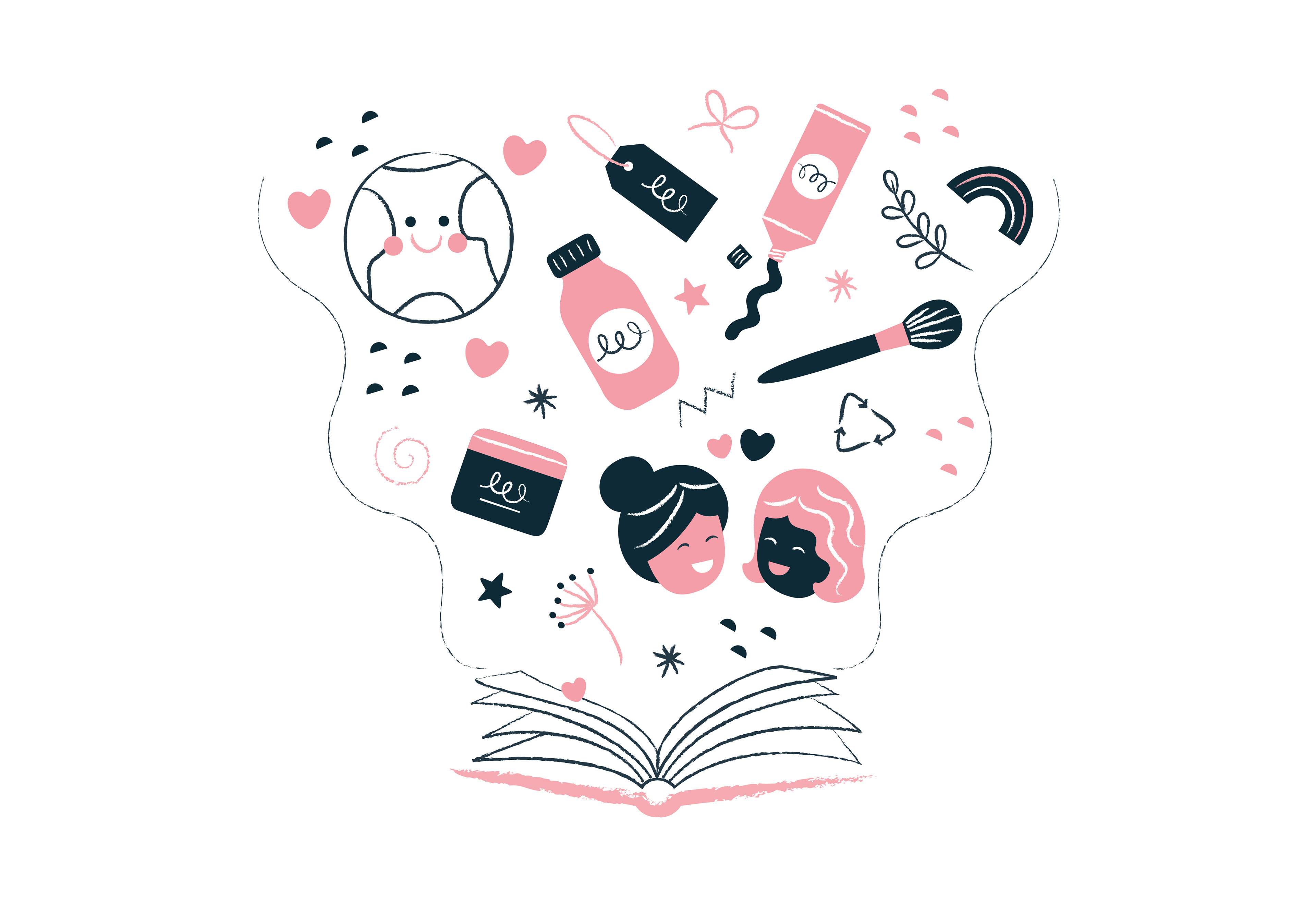 Illustration of an open book with lots of objects and ideas coming out of it. Illustration by Sharon Armstrong Creative