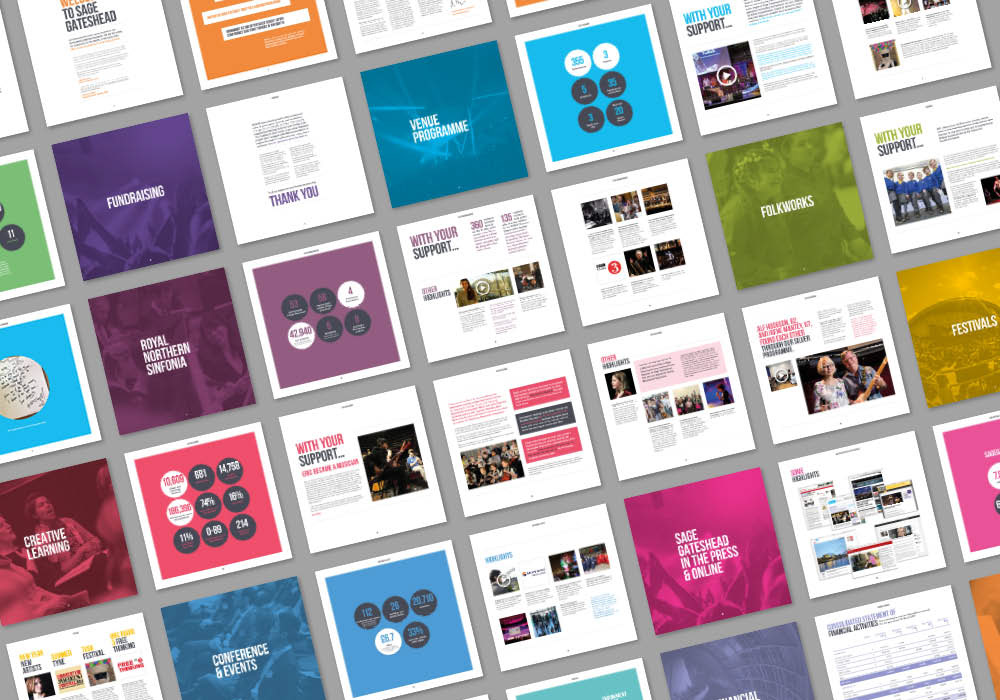 Inner pages of Sage Gateshead's 2016/17 Annual Report designed by Sharon Armstrong Creative