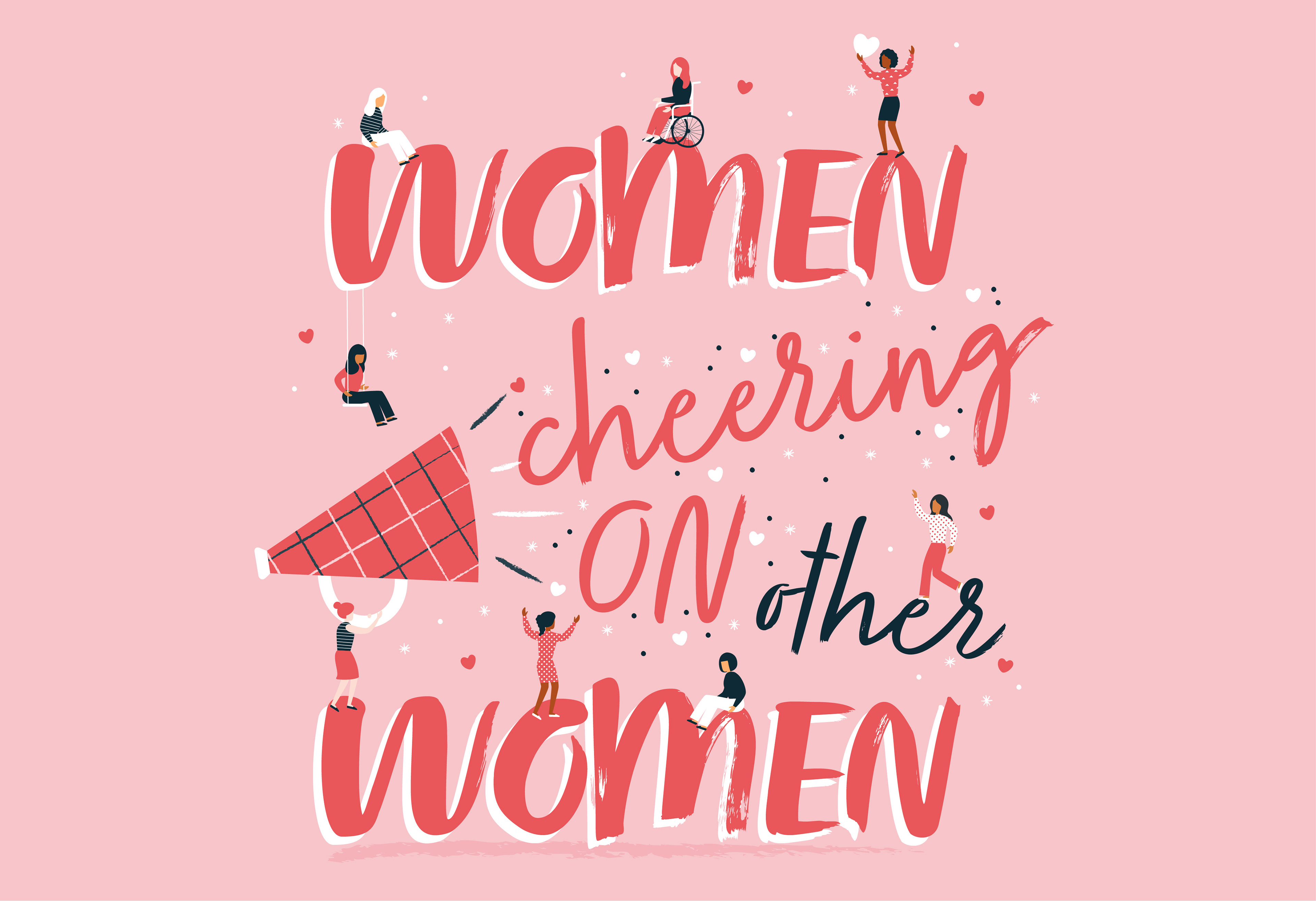 Illustration of women cheering on other women by Sharon Armstrong Creative
