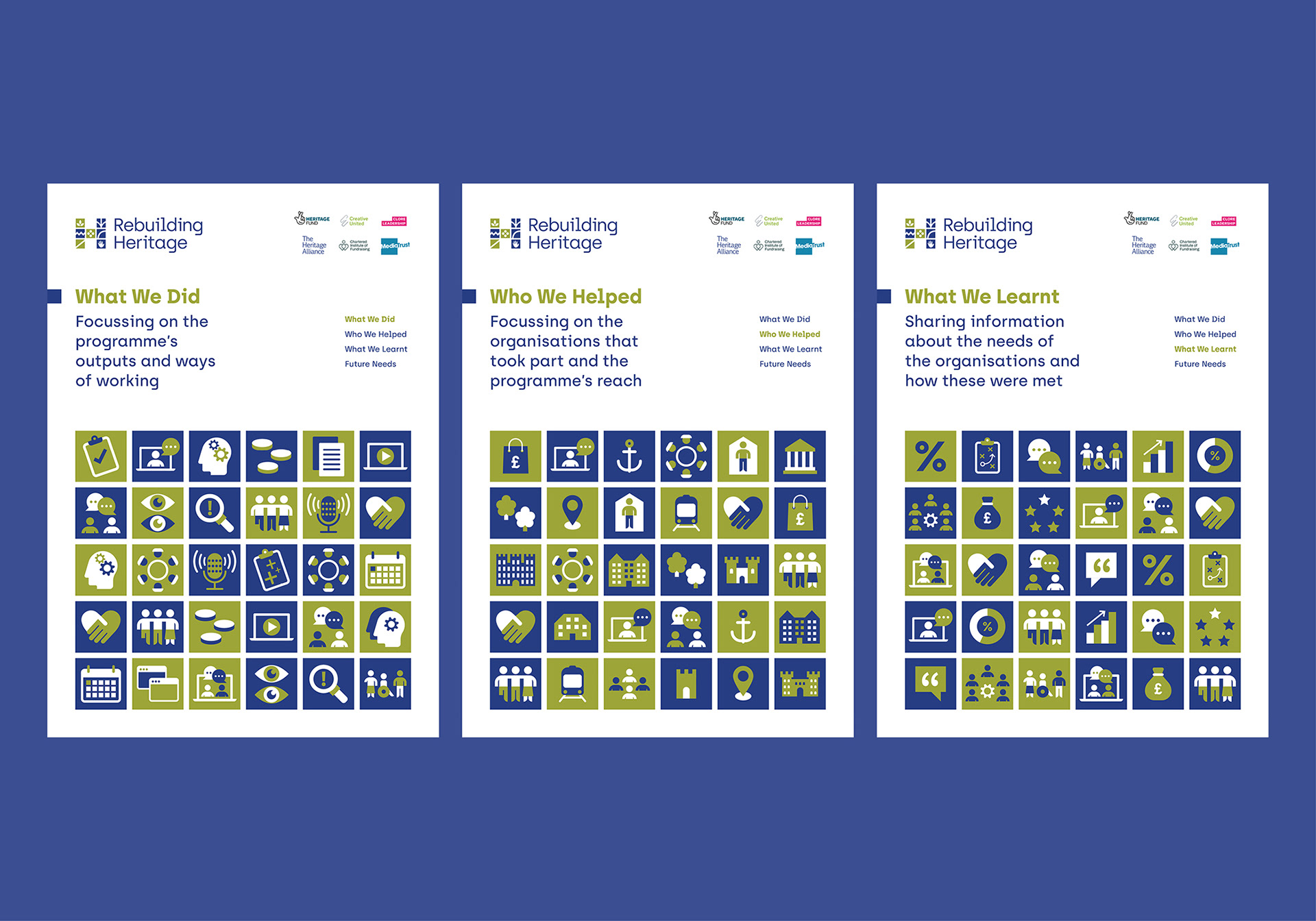 Pages from Rebuilding Heritage's Infographics designed by Sharon Armstrong Creative