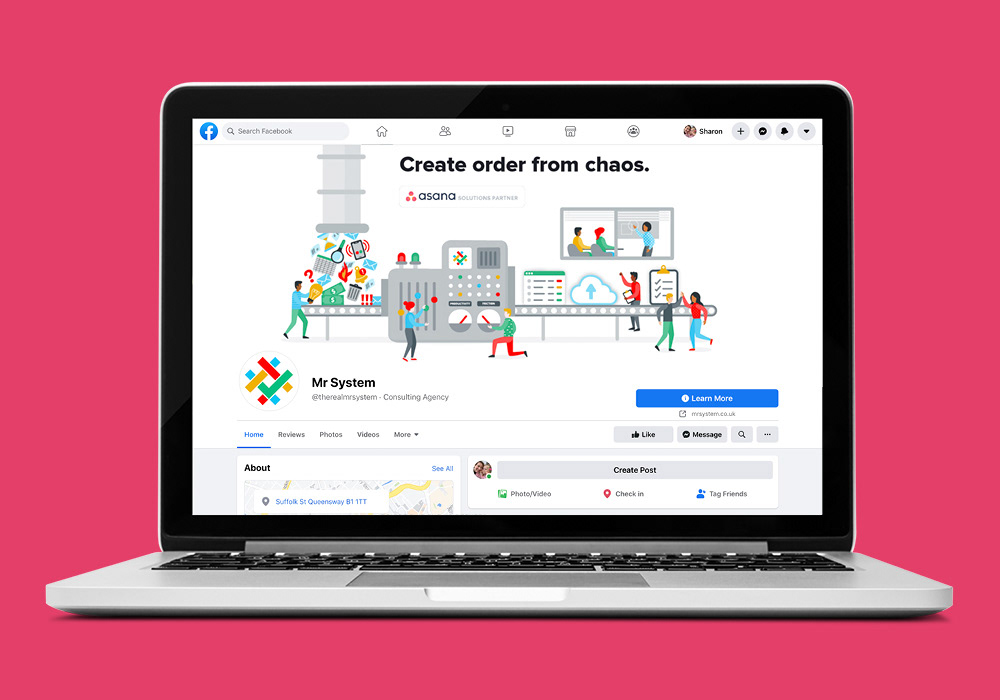 Illustration by Sharon Armstrong Creative for Mr System Website homepage, a machine which takes in all of the clutter and distractions and converts them into a work flow management system, shown on a laptop screen