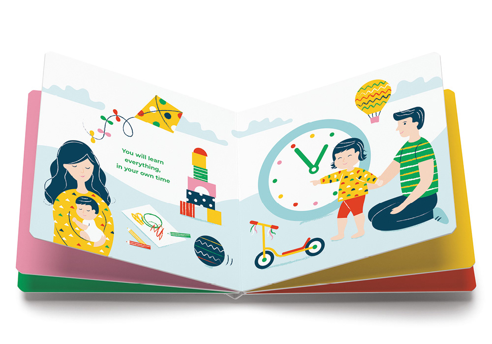 Illustration of a baby's developmental stages from birth to walking by Sharon Armstrong Creative for +Baby & Beyond's first book 'Positive Baby'.