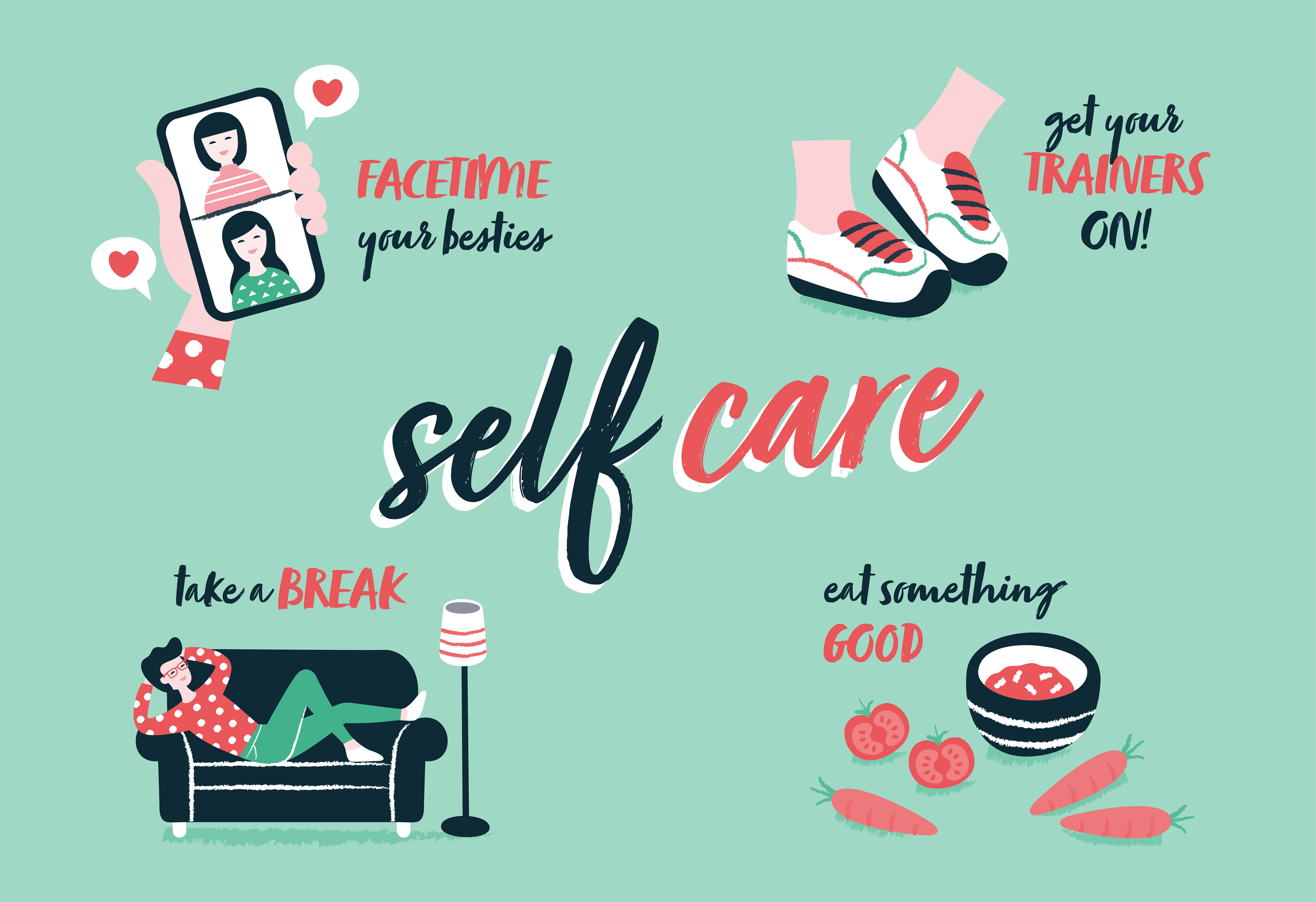 illustration showing example of self care ideas. Illustrated by Sharon Armstrong Creative