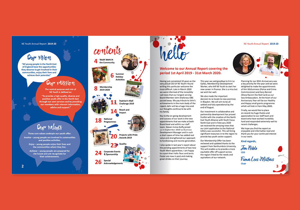 Image showing the inside pages of NE Youth's Annual Report design by Sharon Armstrong Creative