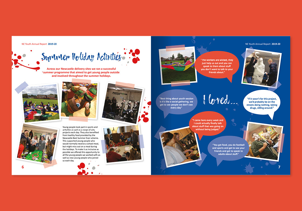Image showing the inside pages of NE Youth's Annual Report design by Sharon Armstrong Creative