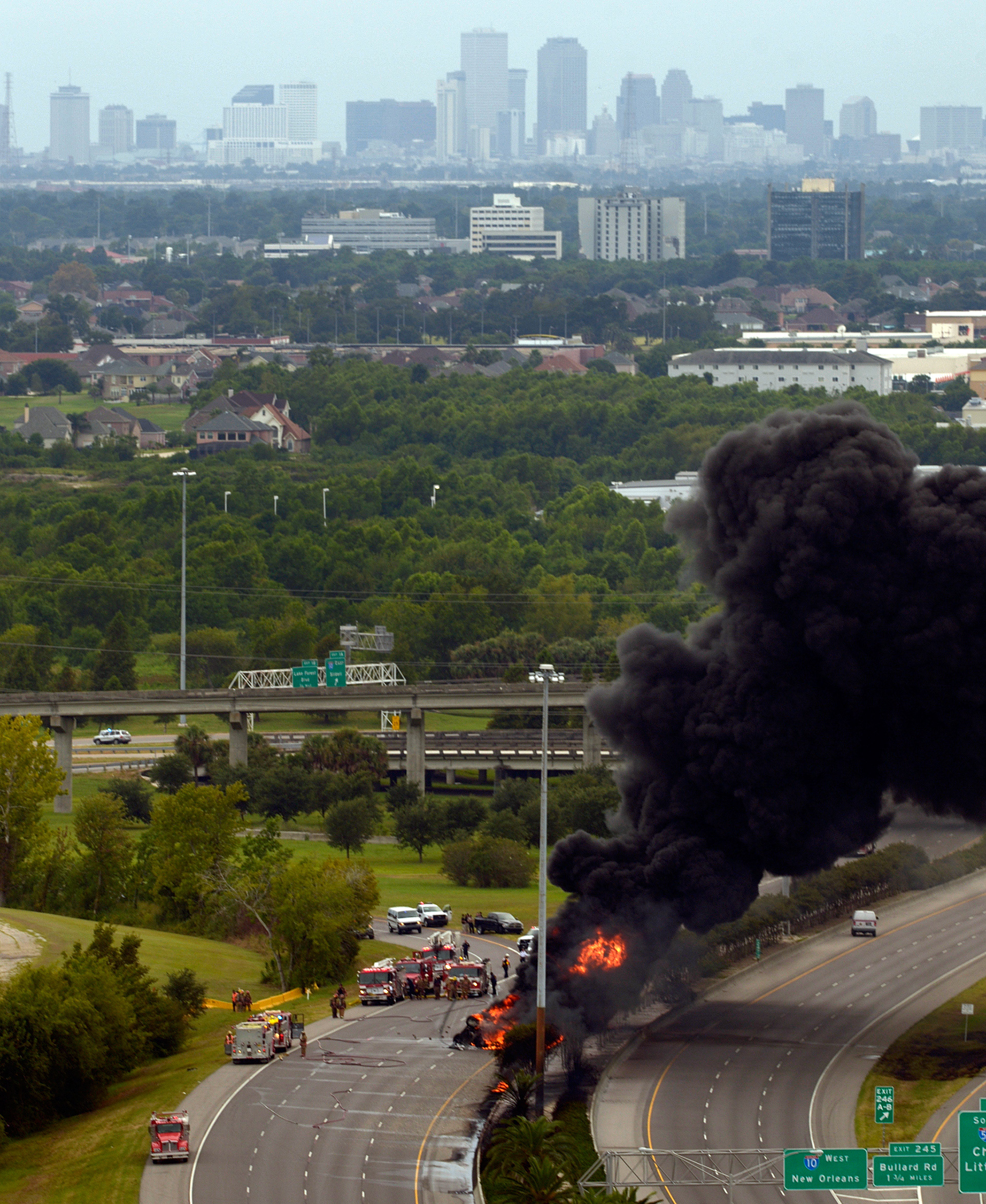 A tanker truck burns on I-10 near I-510 Tuesday.