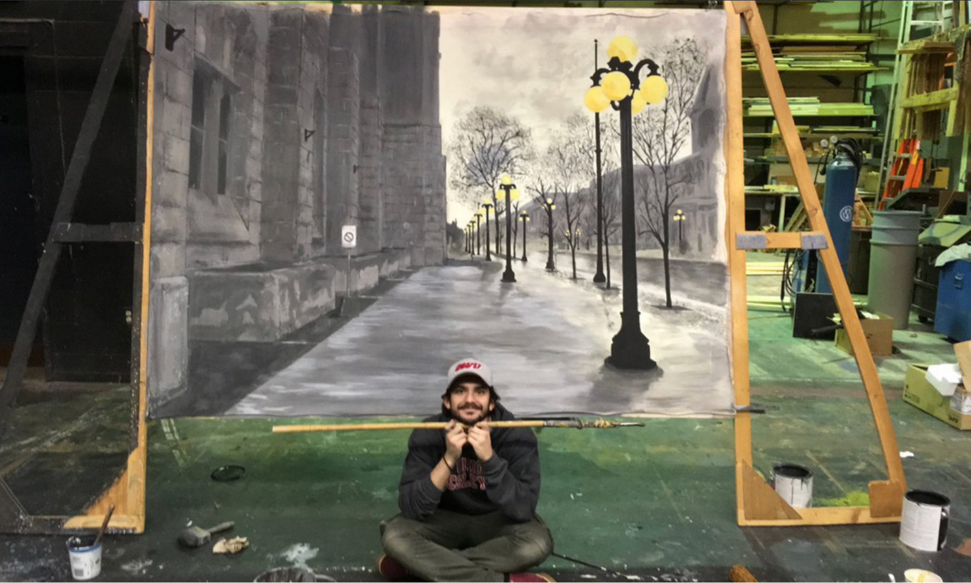 Scenic Study - Painted Water reflection in sidewalk, lamps, and sky transparently and then backpainted drop. 