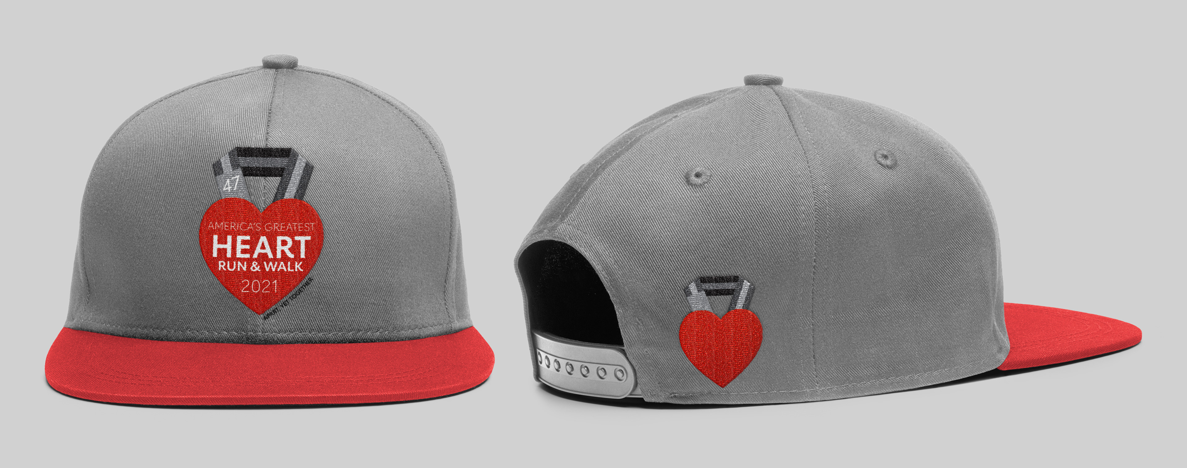 Two views of the logo embroidered on a baseball hat. The logomark can be used on its own, as shown on the right image of the hat.