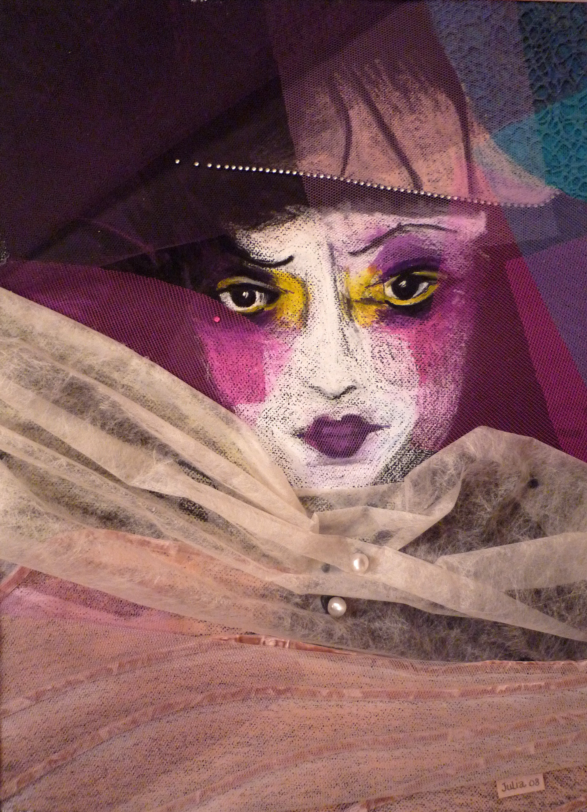 2008 - Dessin à la craie - Collages de tules - perles - intissés