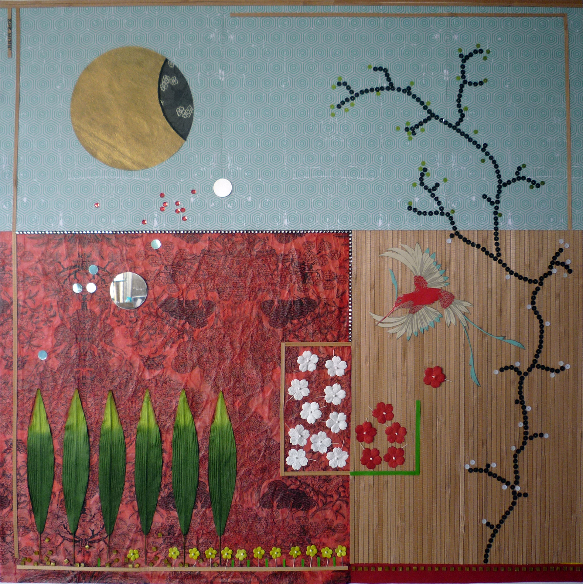 2012 - Collages papiers & perles & mirroirs & lamelles de bois