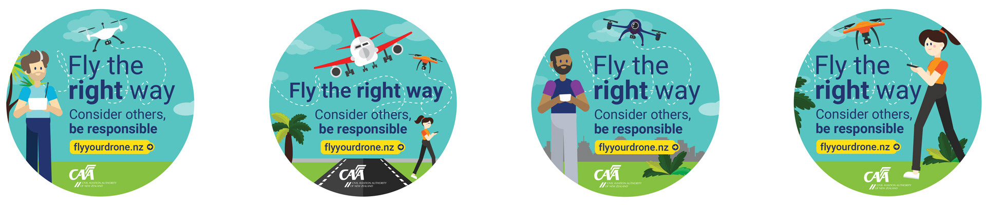 Four stickers with the Fly the right way messaging