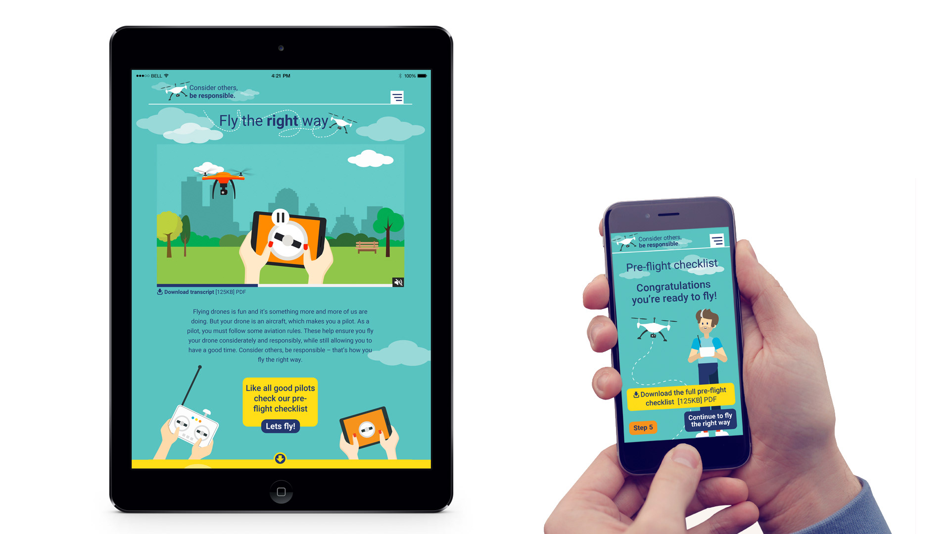 Tablet and mobile with the Fly the right way website loaded