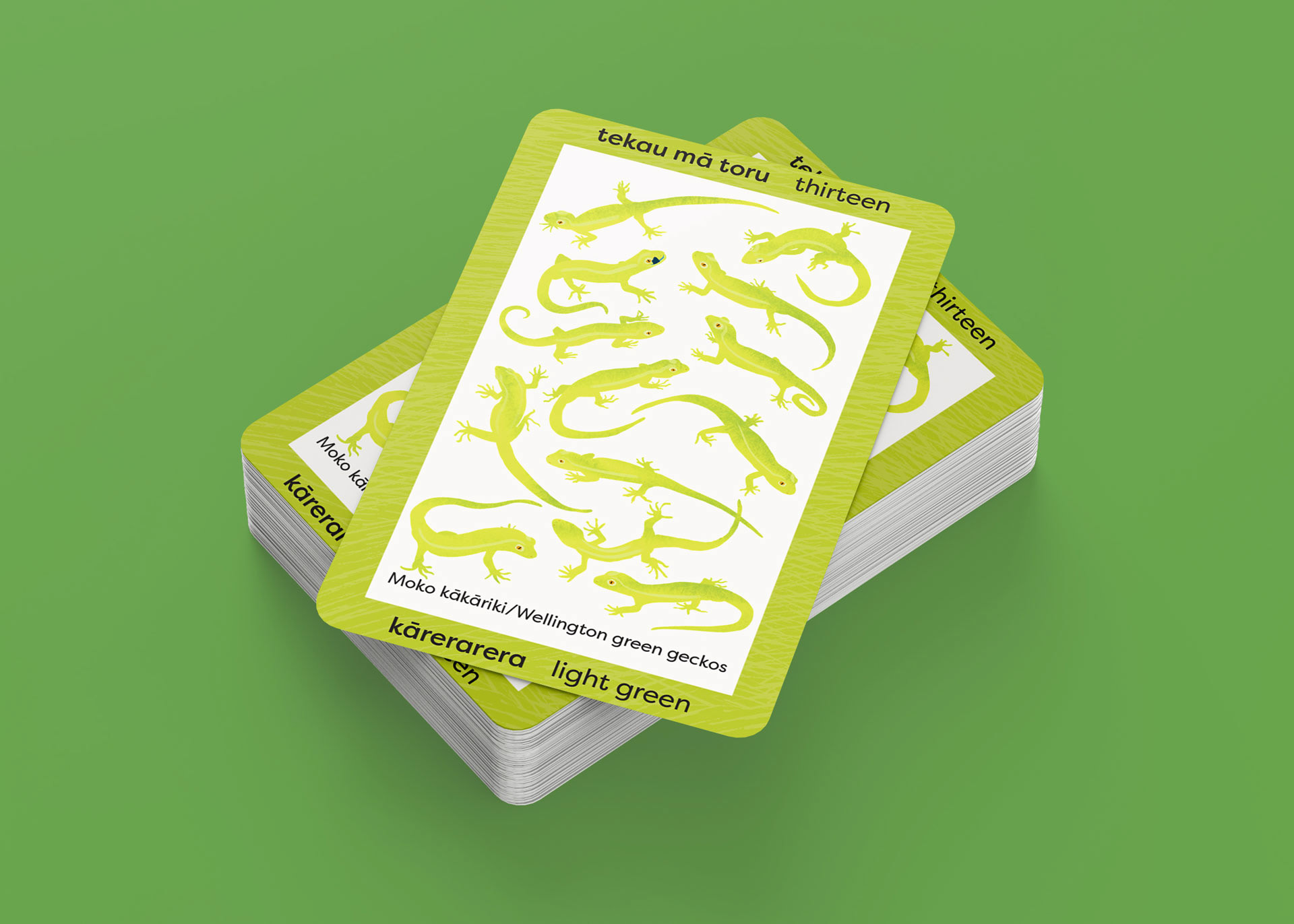 thirteen light green Wellington green geckos