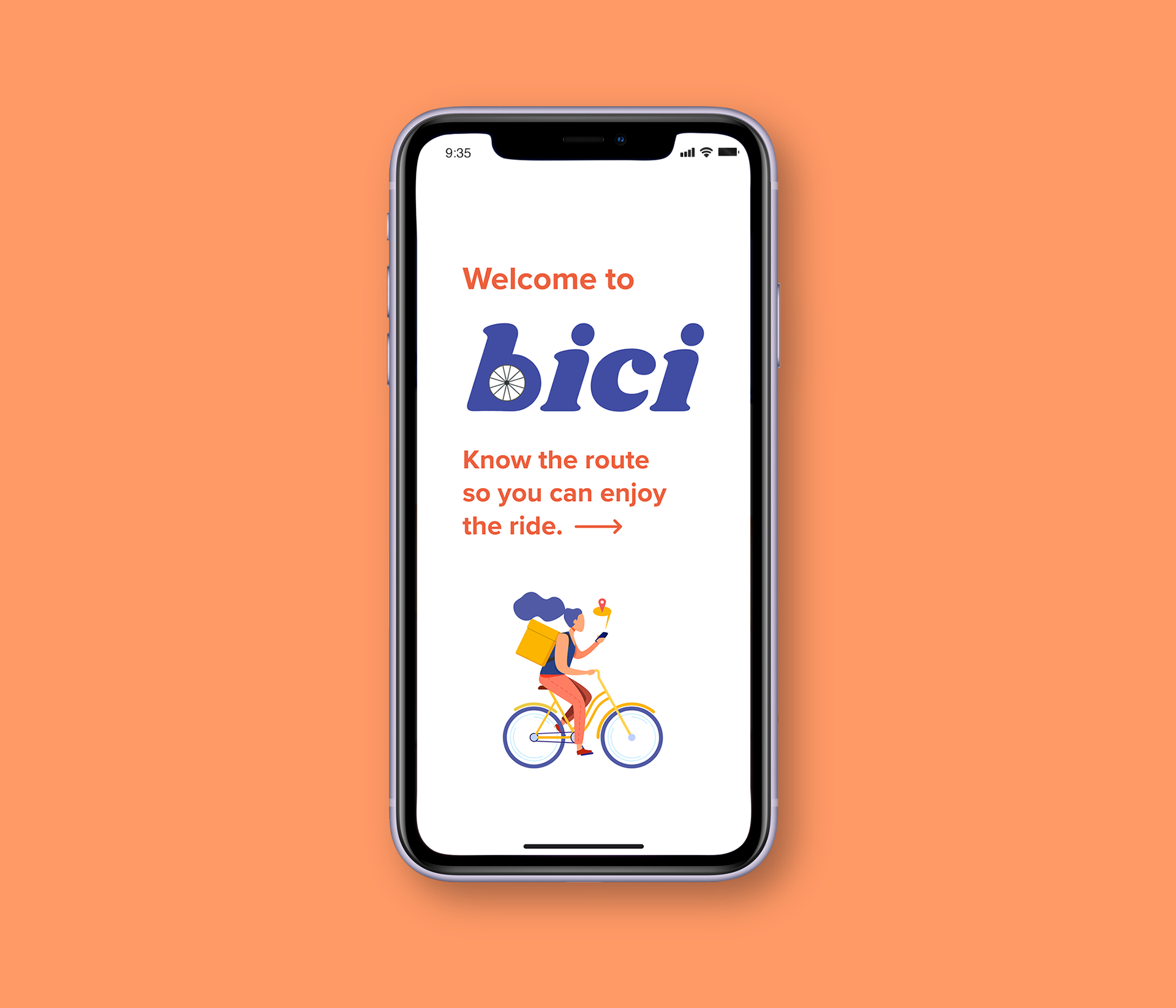 Image of welcome screen for bici app mocked up on an iPhone