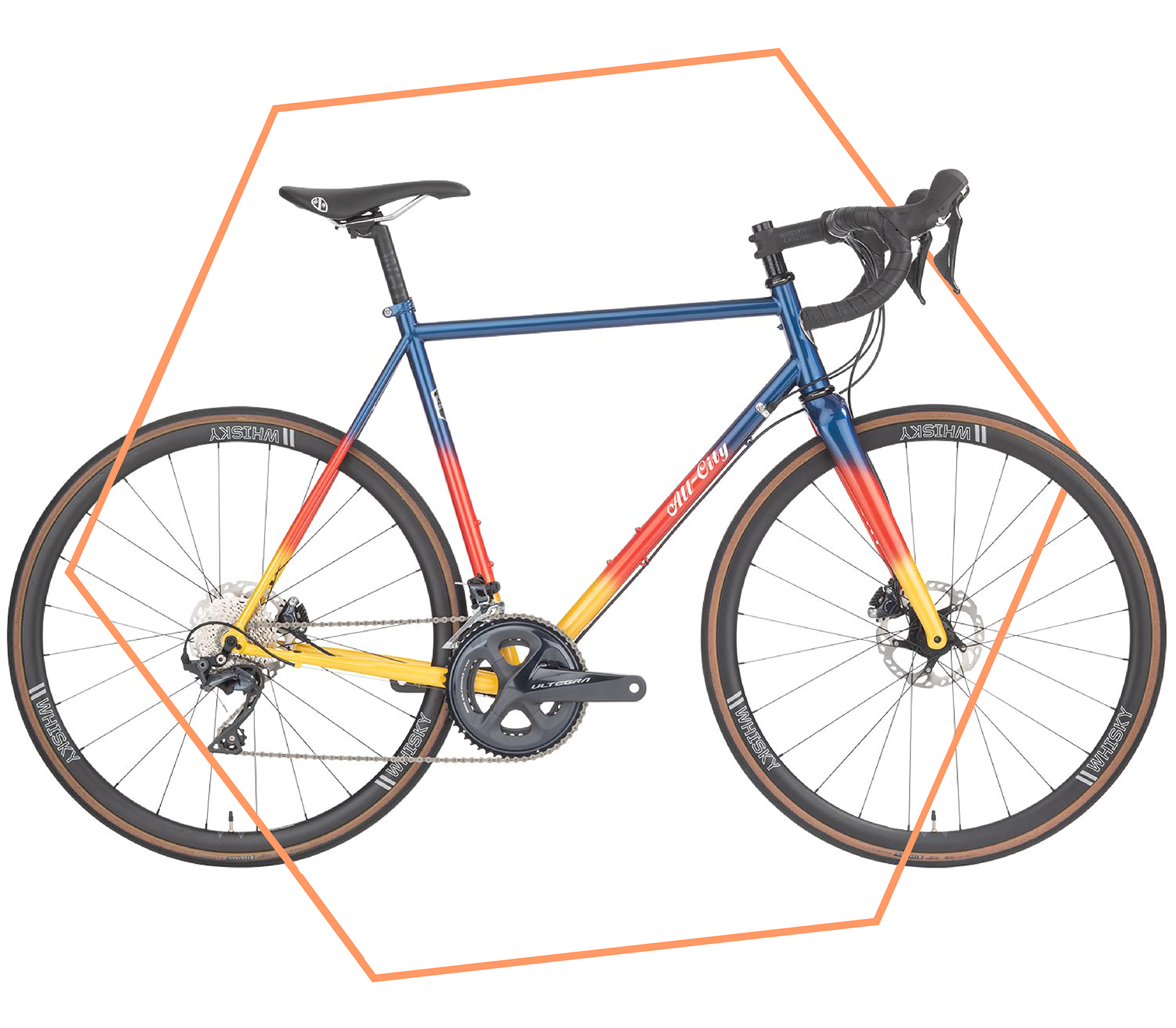 Decorative image of an All-City bicycle that is similar in color to bici color palette
