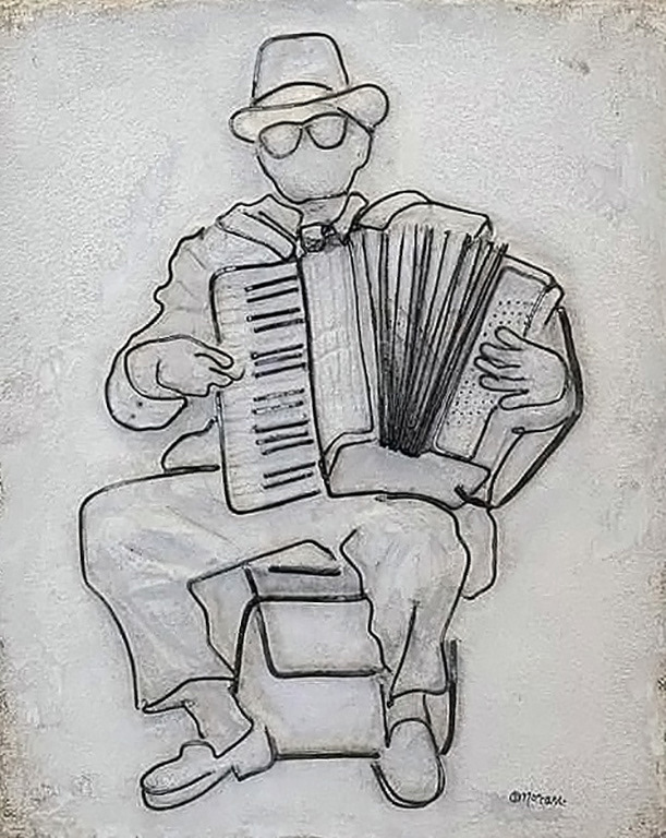 SOLD! Crooked Tree Arts Center Juried Exhibit Accordion Player - 11x14 wire in concrete SOLD