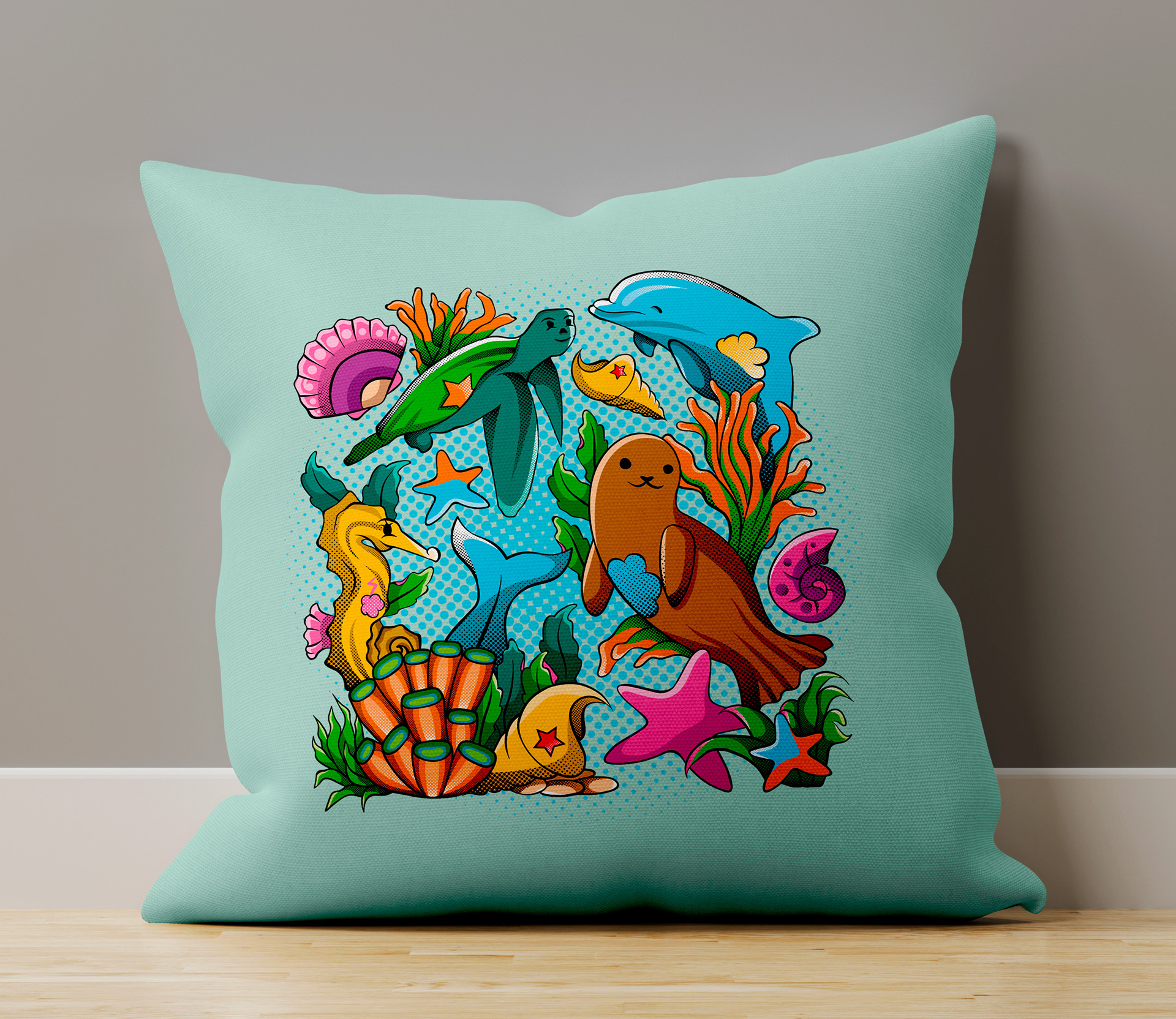 Aquatic Comic Illustration printed on a pillow.