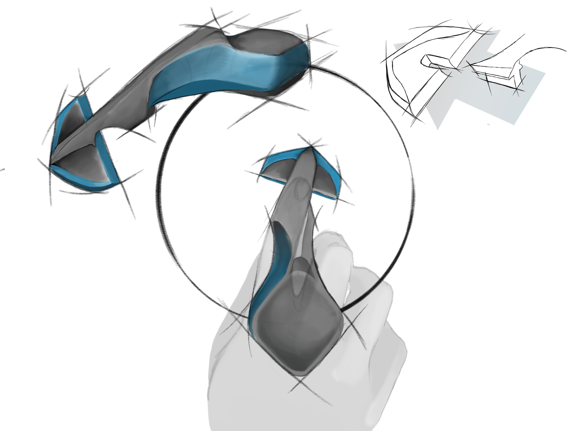 In the third semester, a product had to be created for blind or visually disabled people. I was thinking of a shaver for blind. The main function here is the finger that feels the hair structure. The razor blades are left and right (or only on one side) depending on the razor blades. The blade heads are attached to strong magent, so the blind person has no difficulty in getting them in the right position. The Razor is specific for cutting the beard's contours is intended. So there are also one-sided blades to shave tight batches.