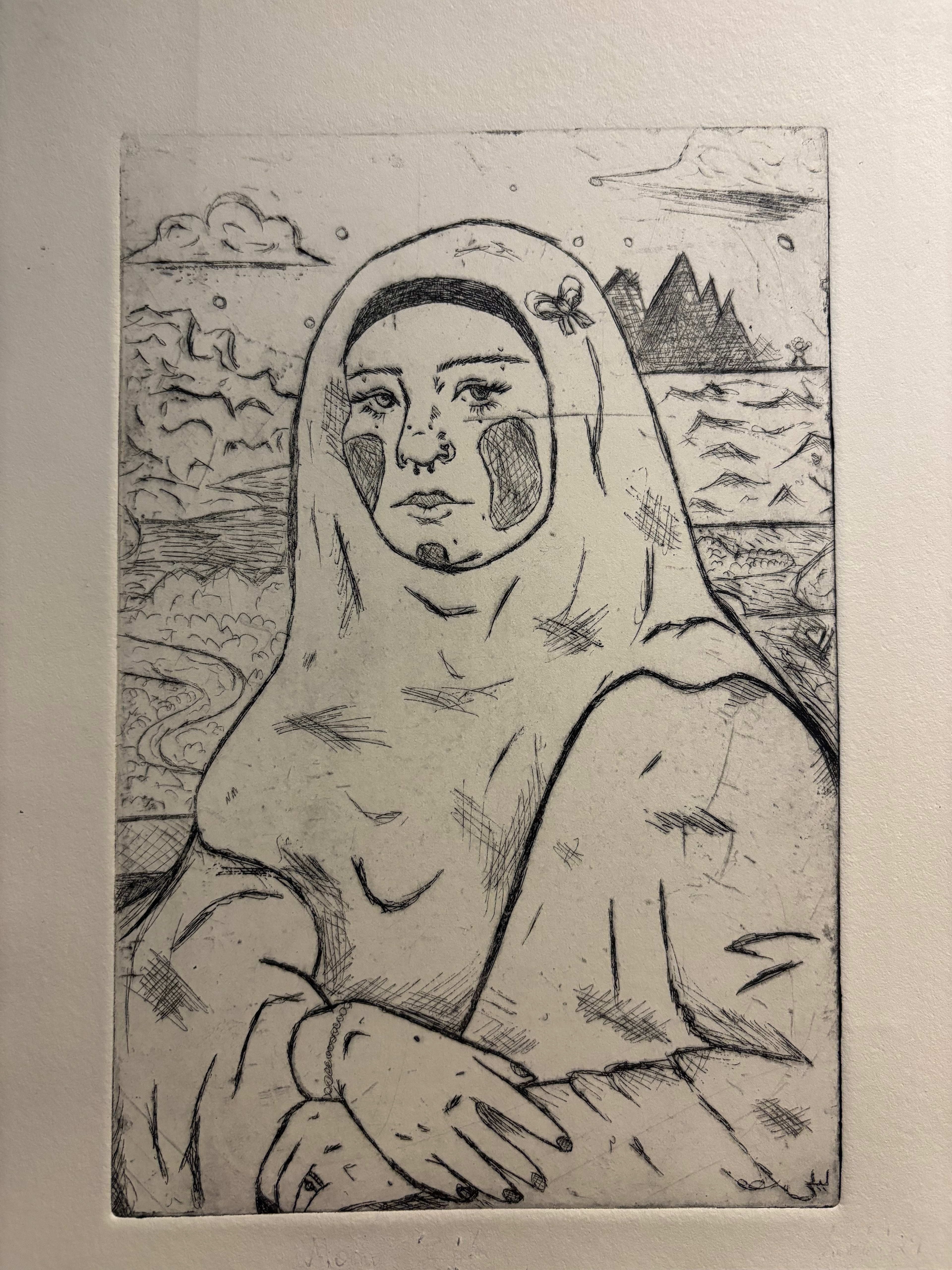"Mona Layla"  2024, Intaglio | For this piece, I wanted to show Muslim women in classical art in a way that wasn't fetishizing or sexualizing the covered woman. It is a self portrait of me as Mona Lisa. 