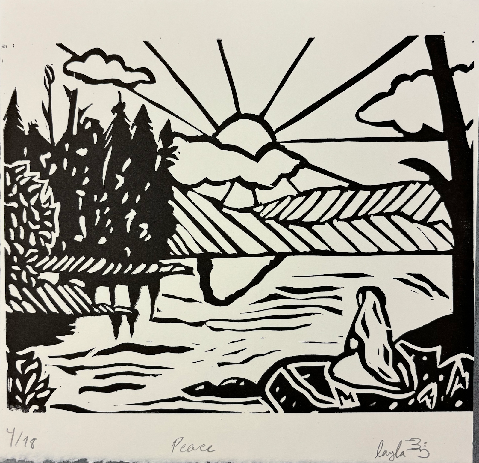 "Peace" 2024, Relief Print With Linoleum | For this print, I wanted to create a piece that resignated with me as a child. In this, I wanted to highlight a Muslim woman looking off at a beautiful sunrise. This piece is reminisant of my childhod, being raised in Denver, CO; and wanted to create work that includes Muslim woman in a none fetishizing way. 