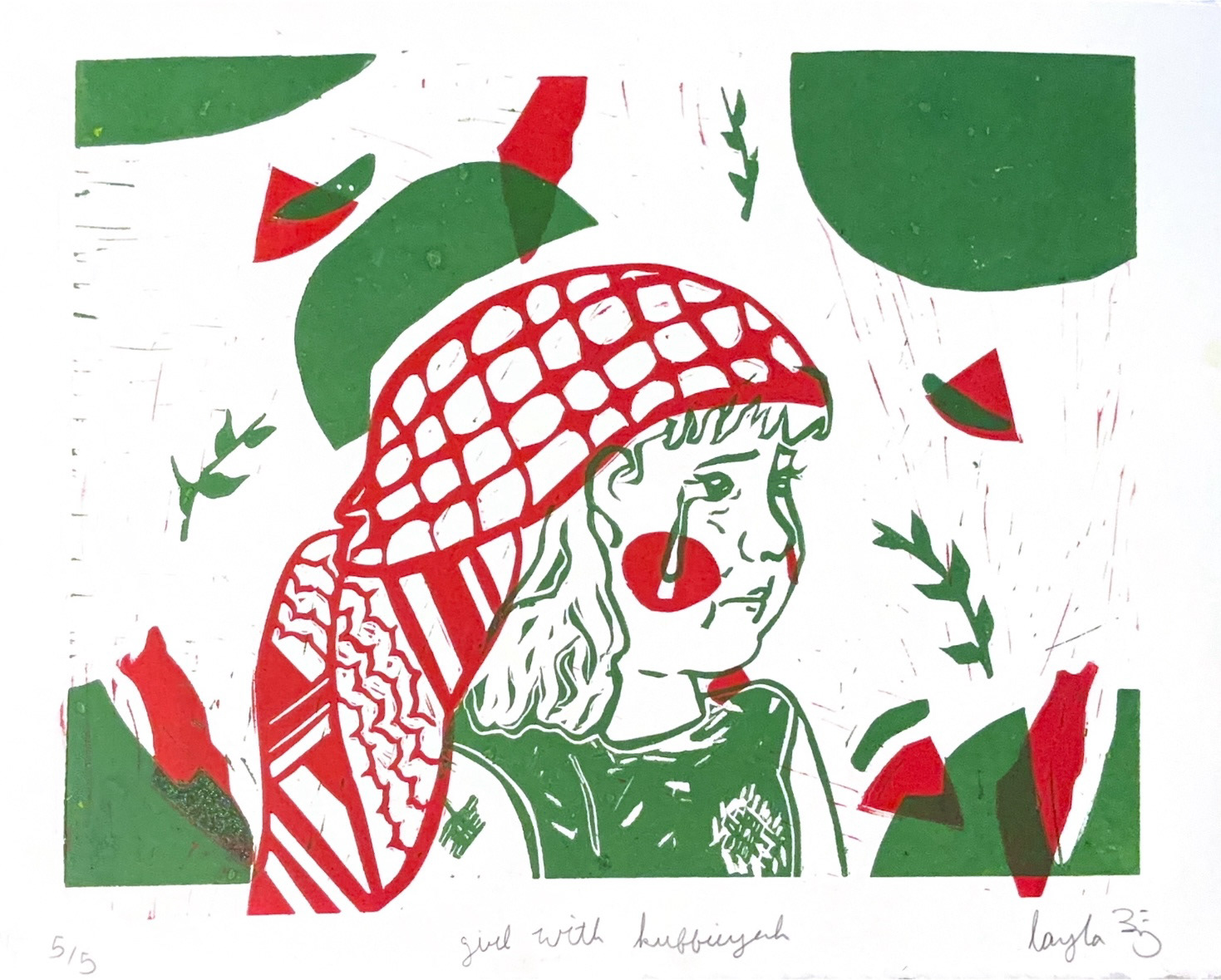 "Girl With Kuffieyah" 2024, Linoleum Print | I wanted to highlight the suffering of Palestinian children, and the other innocent souls dying at the hands of isreal's genocide. Using the Palestinain flag color pallete, as well as symbolism representative of palestine to further the pain and suffering they are going through.