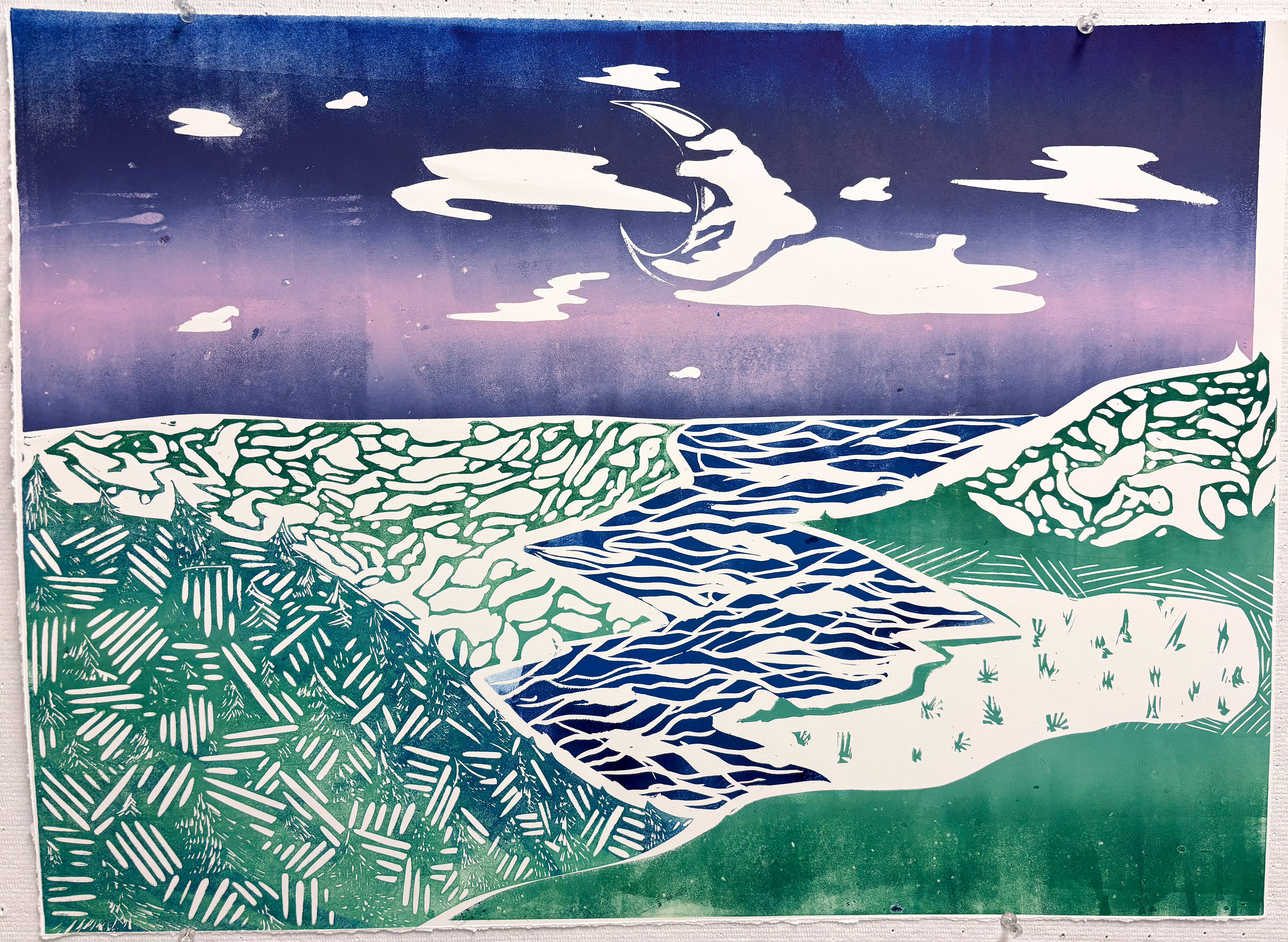 "Ramadan Mubarak" 2025, Relief Print With Linoleum | This piece was created to celebrate the beginning of the the Holiest month in Islam, Ramadan. I wanted to create a textured beautiful landscape.