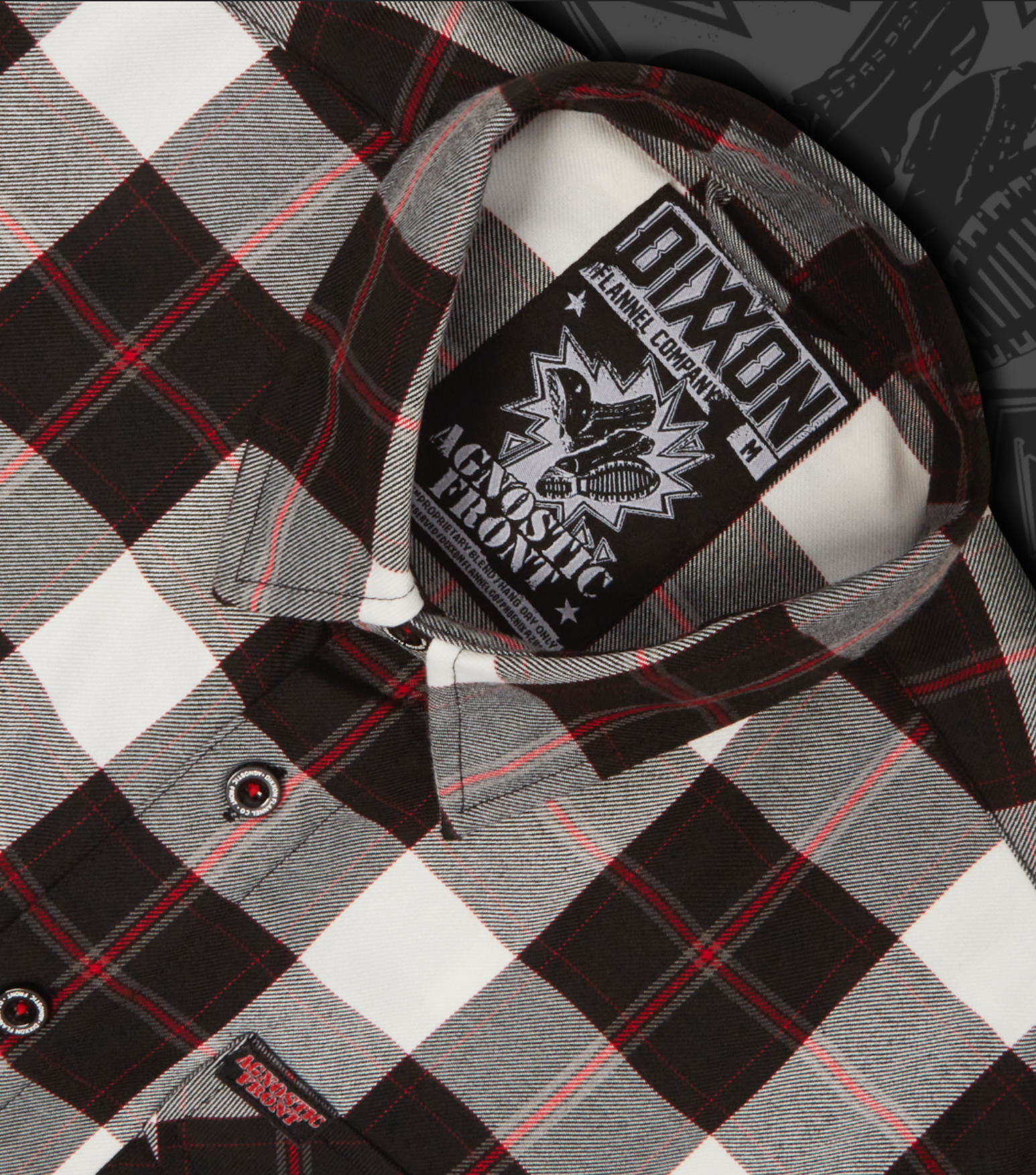 STICKER AND NECK LABEL FOR THE AGNOSTIC FRONT FLANNEL I DESIGNED
