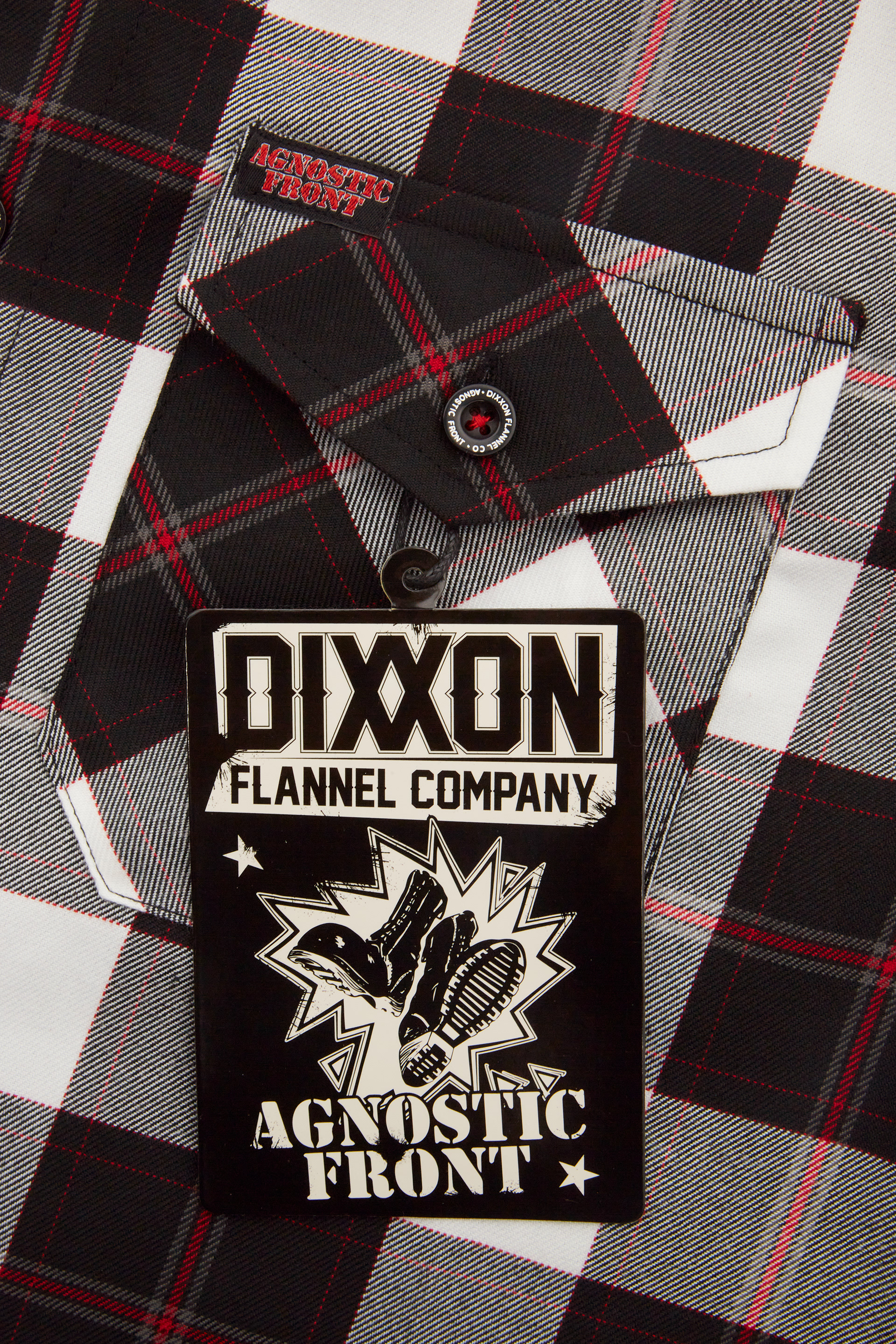 STICKER AND NECK LABEL FOR THE AGNOSTIC FRONT FLANNEL I DESIGNED