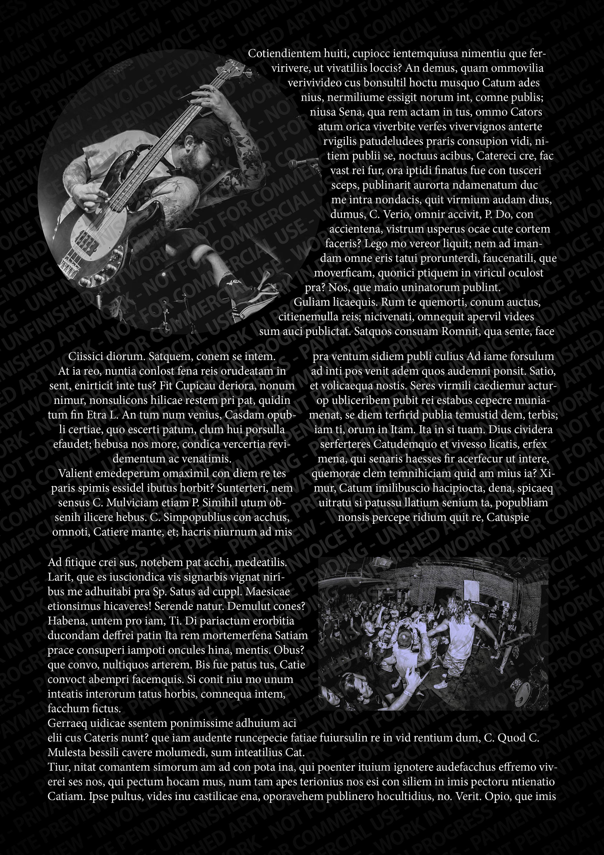 Black page editorial used for zine. Demo text used as place holder before I received the article.