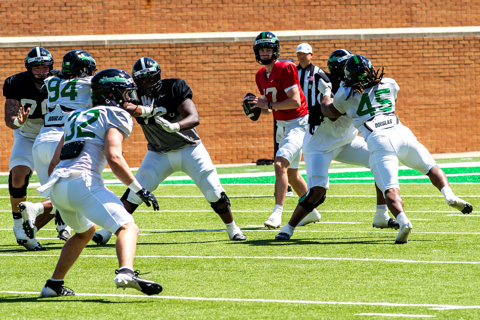 Scanning for Targets: Freshman quarterback Drew Mestemaker scans the field during UNT's scrimmage at DATCU Stadium.