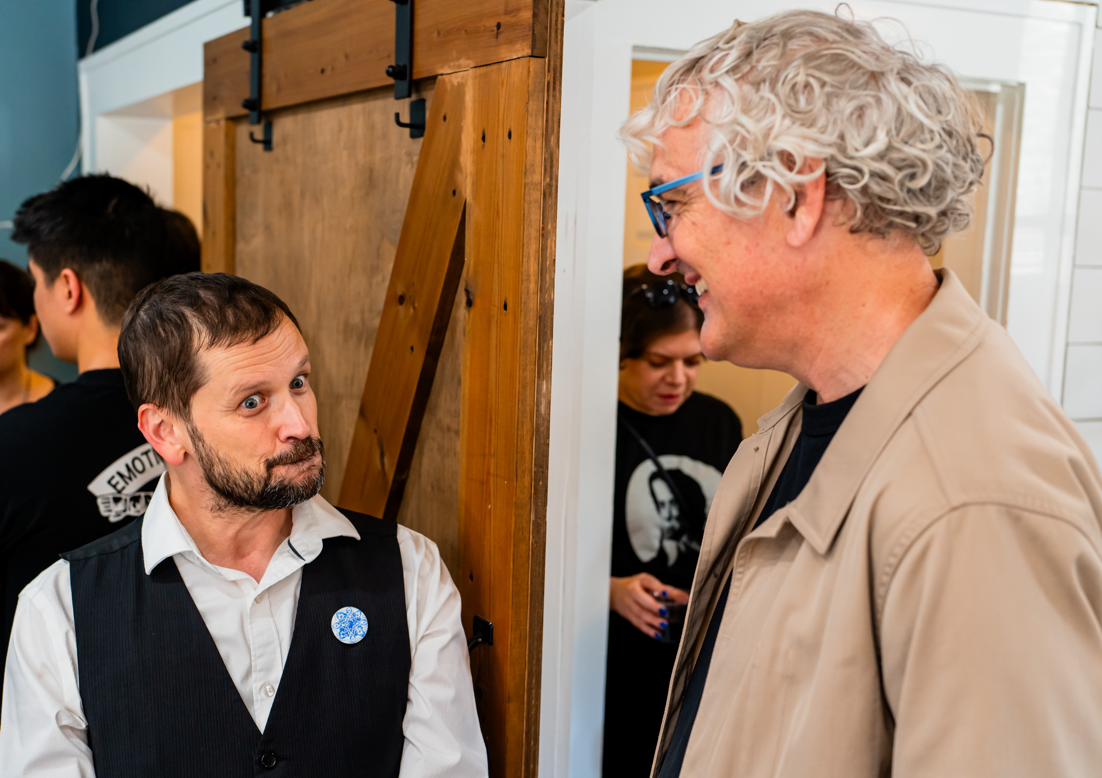 James Reacts: Denton Maker Center president James Thurman and Colby Parsons converse at the soft open and silent auction event at the Denton Maker Center on Oct. 5, 2024
