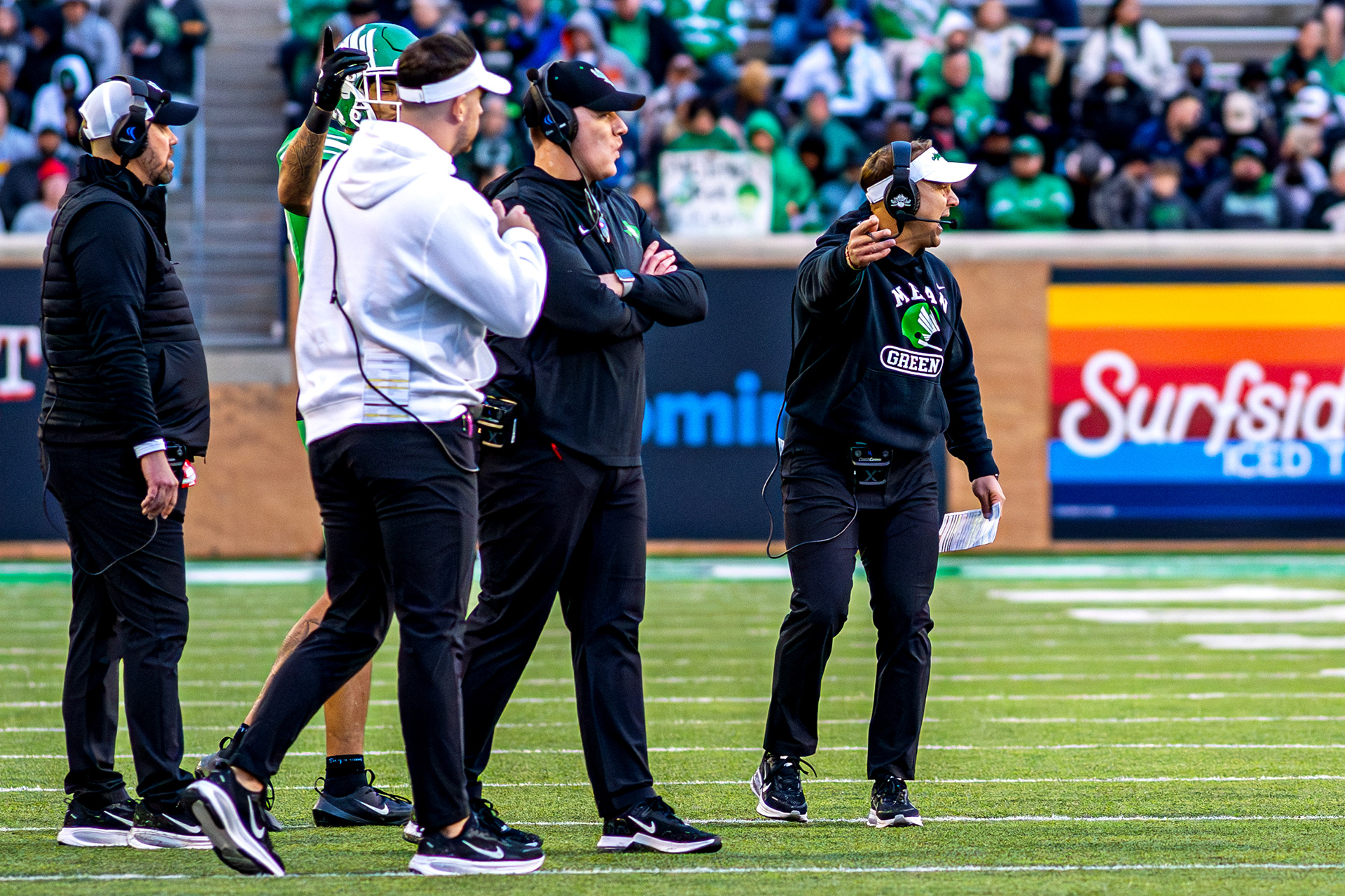 UNT football head coach Eric Morris yells at referees during UNT's game against Temple at DATCU Stadium in Denton, TX on Nov. 28, 2025.