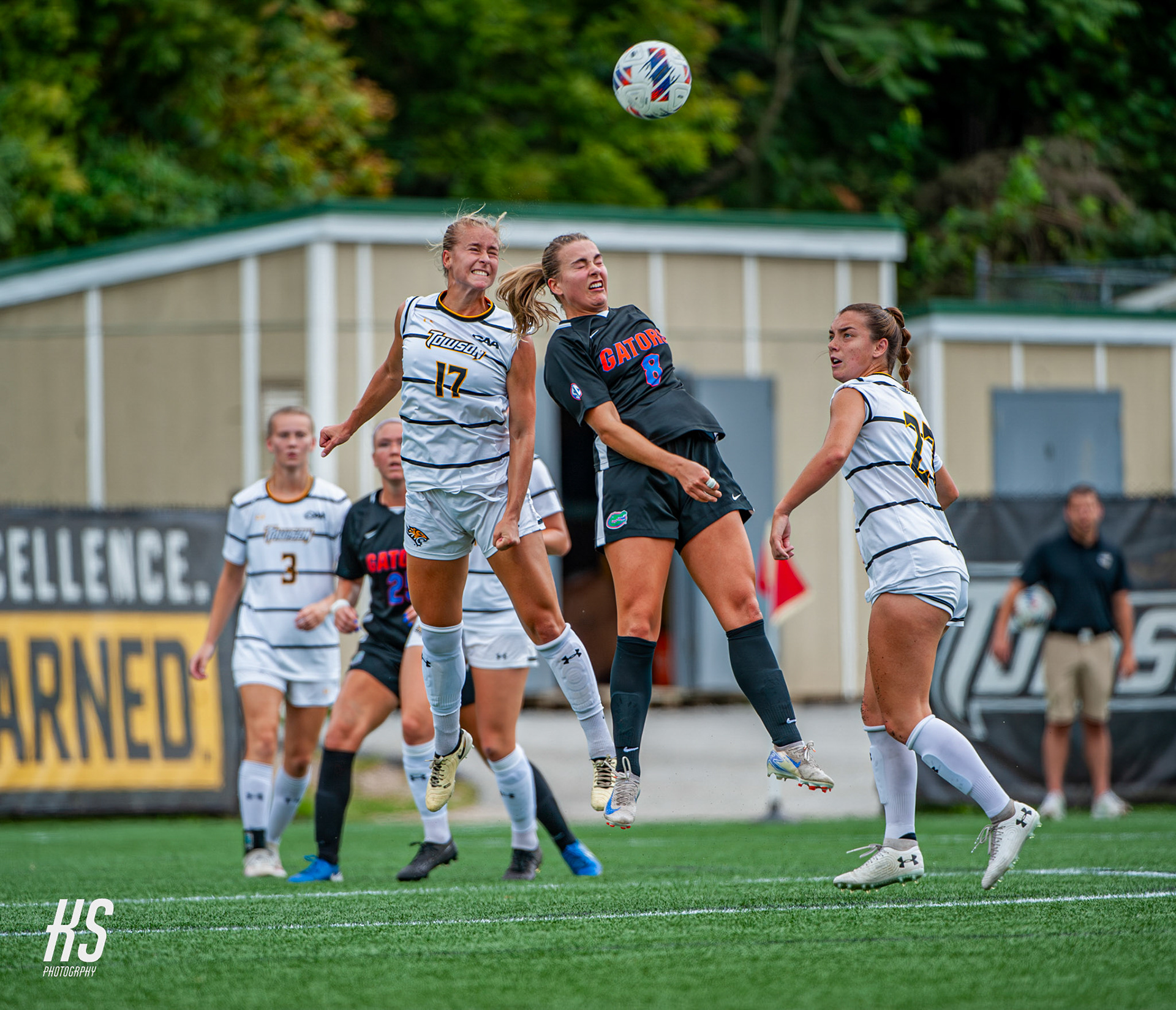 Towson University Women's Soccer forward Demi Pierre and University of Florida midfielder Charlotte McClure battle for a header during the game at Tiger Field in Towson, MD, on September 1, 2024.