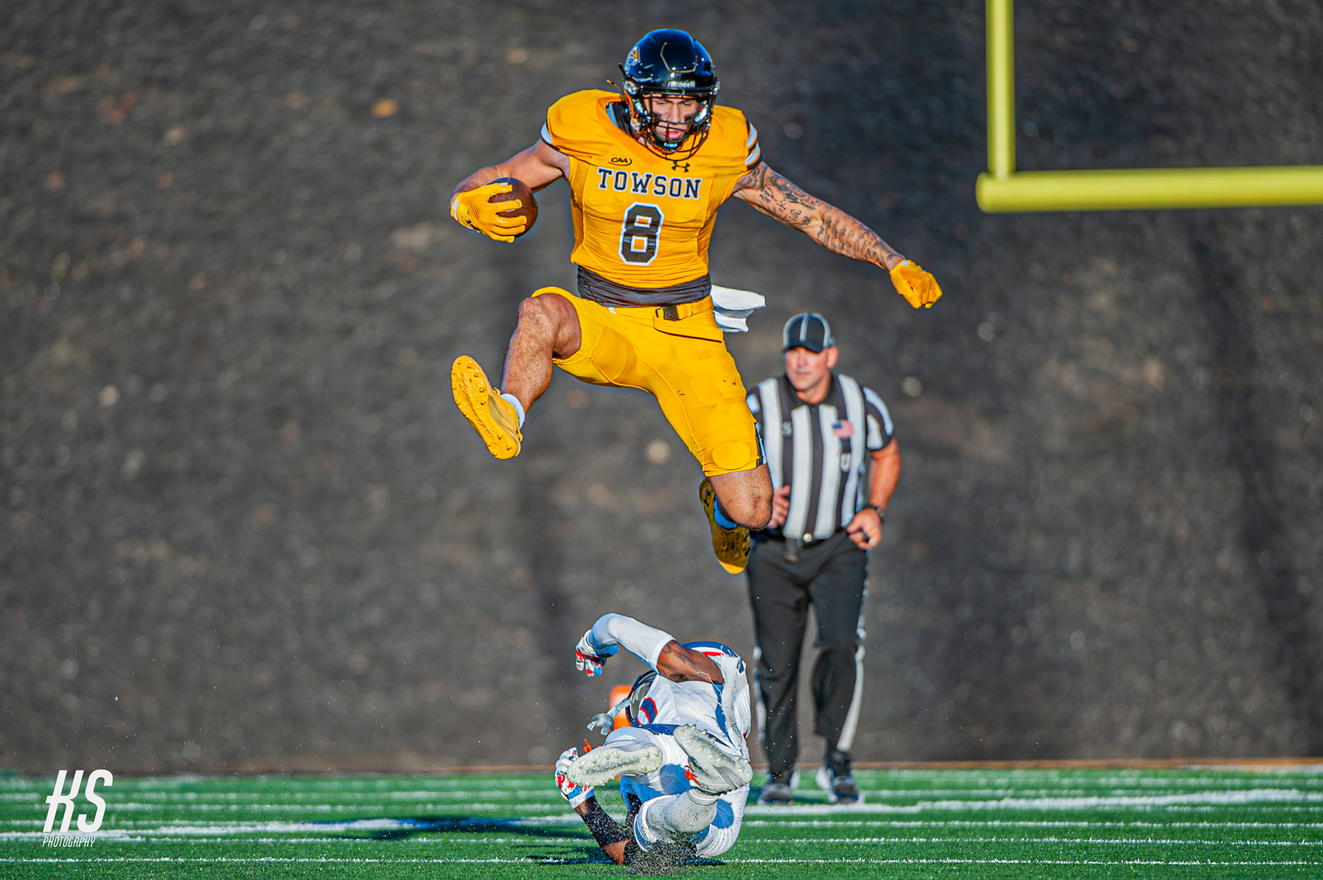 Towson University Football tight end Carter Runyon hurdles Baltimore City rival Morgan State University during the game at Unitas Stadium in Towson, MD, on September 8th, 2024.