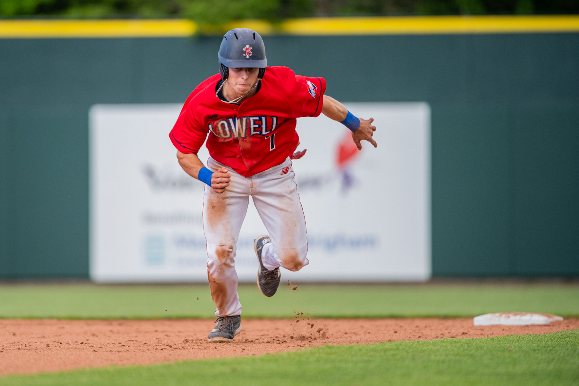 Lowell Spinners' Jack Quigley sprints from second to third base. The game was played at Edward A. LeLacheur Park in Lowell, MA, on June 27th, 2026.
