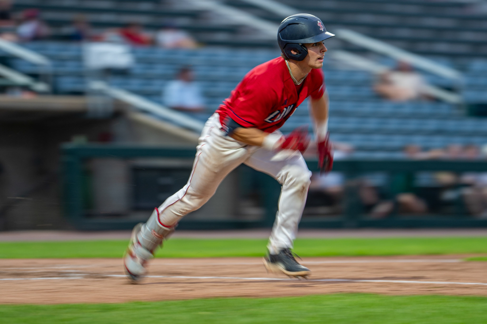 Lowell Spinners' Jack Quigley sprints to first base. The game was played at Edward A. LeLacheur Park in Lowell, MA, on July 14th, 2026.