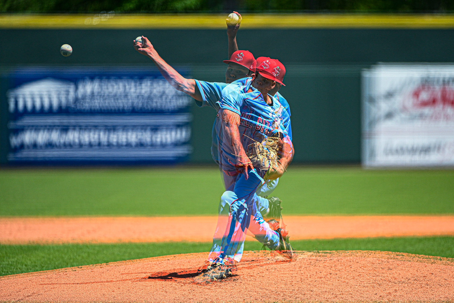 Through three separate exposures, Lowell Spinners' pitcher Dylan Izenman throws a pitch in their game at Edward A. LaLecheur Park in Lowell, MA on June 8th, 2026.