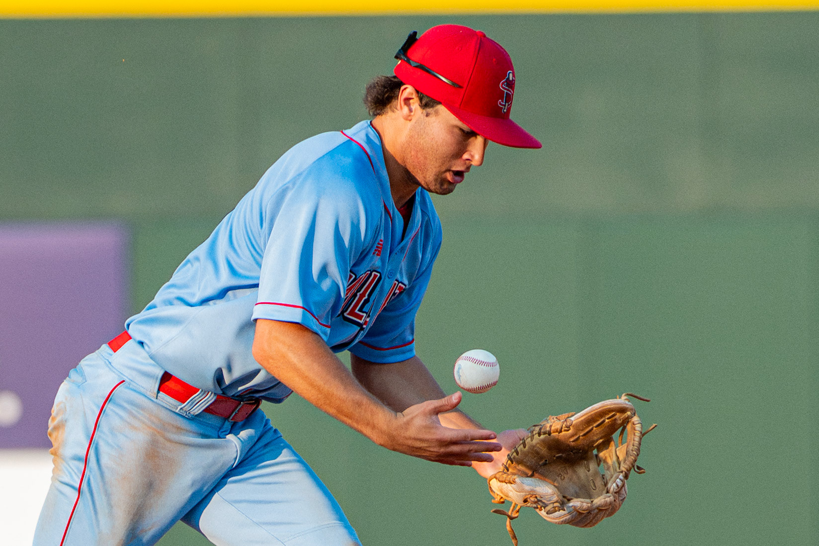 Lowell Spinners' Zander Bratspis bobbles the ball as he tries to make the catch. The game was played at Edward A. LeLacheur Park in Lowell, MA, on June 28th, 2026.