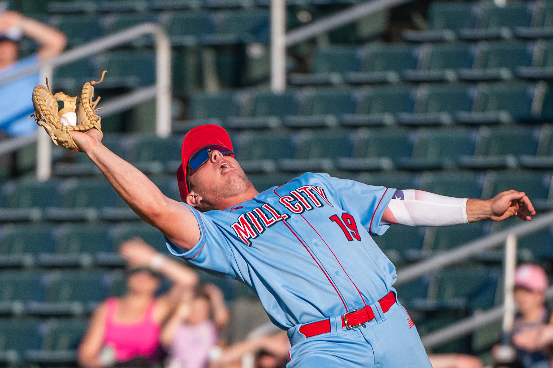 Lowell Spinners' infielder, Lorenzo Camilleri makes a difficult catch. The game was played at Edward A. LeLacheur Park in Lowell, MA, on July 12th, 2026.