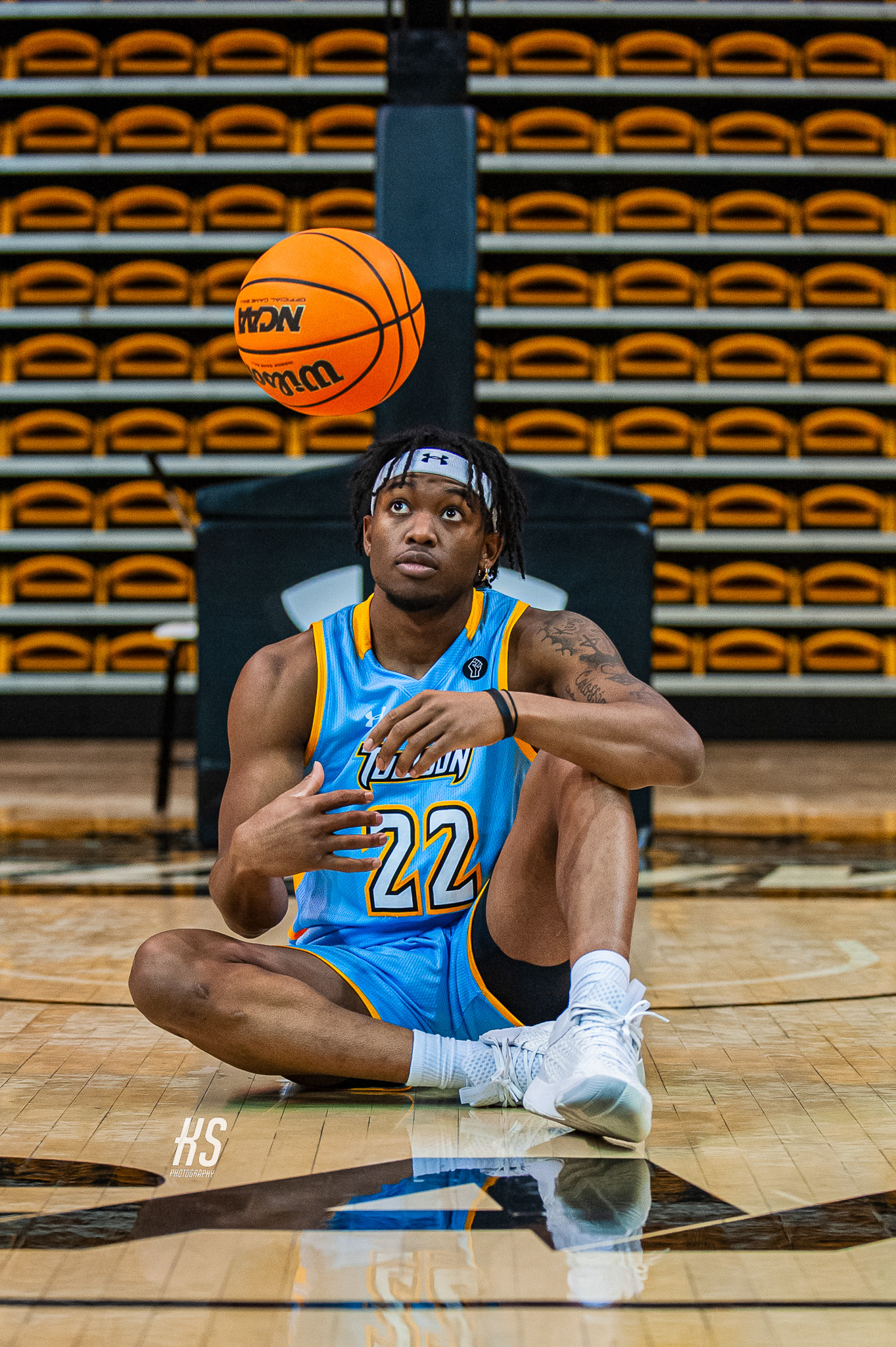 Towson University Men's Basketball guard Nygal Russell poses for his 2023 Senior Day portraits at Towson’s then-SECU Arena, now TU Arena, in Towson, MD, on February 28, 2023.
