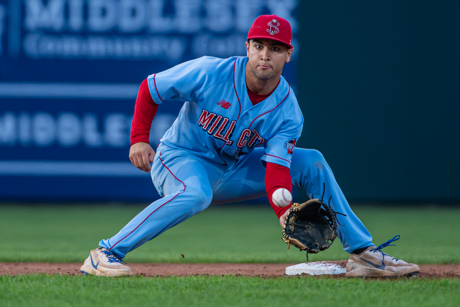 Lowell Spinners' Shortstop Zander Bratspis, tries to make a low catch. The game was played at Edward A. LeLacheur Park in Lowell, MA, on July 15th, 2026.