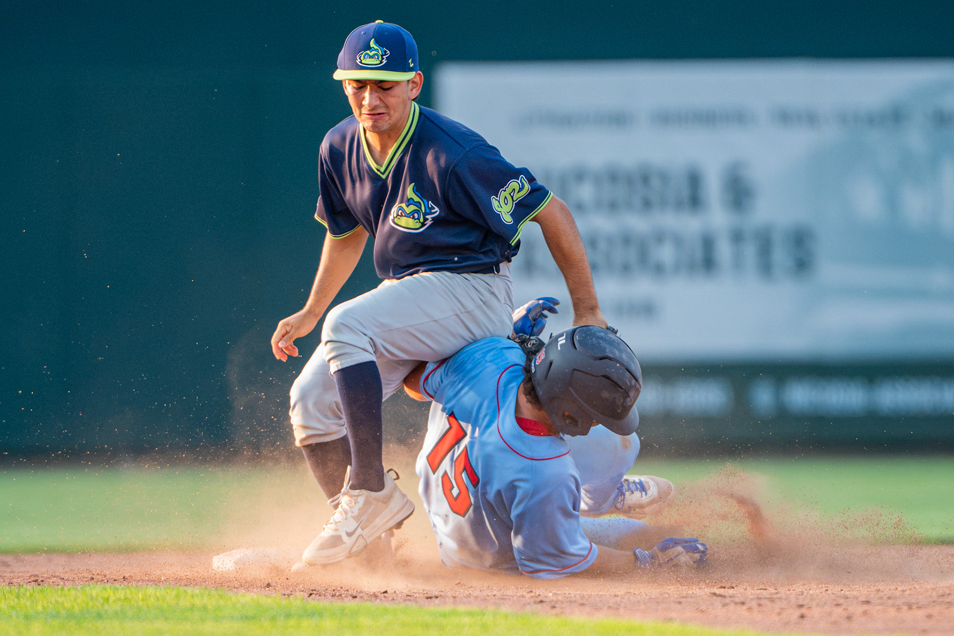 Lowell Spinner's Zander Bratspis gets sat on by his Vermont Lake Monster opponent. The game was played at Edward A. LeLacheur Park, in Lowell, MA, on June 28th, 2026.